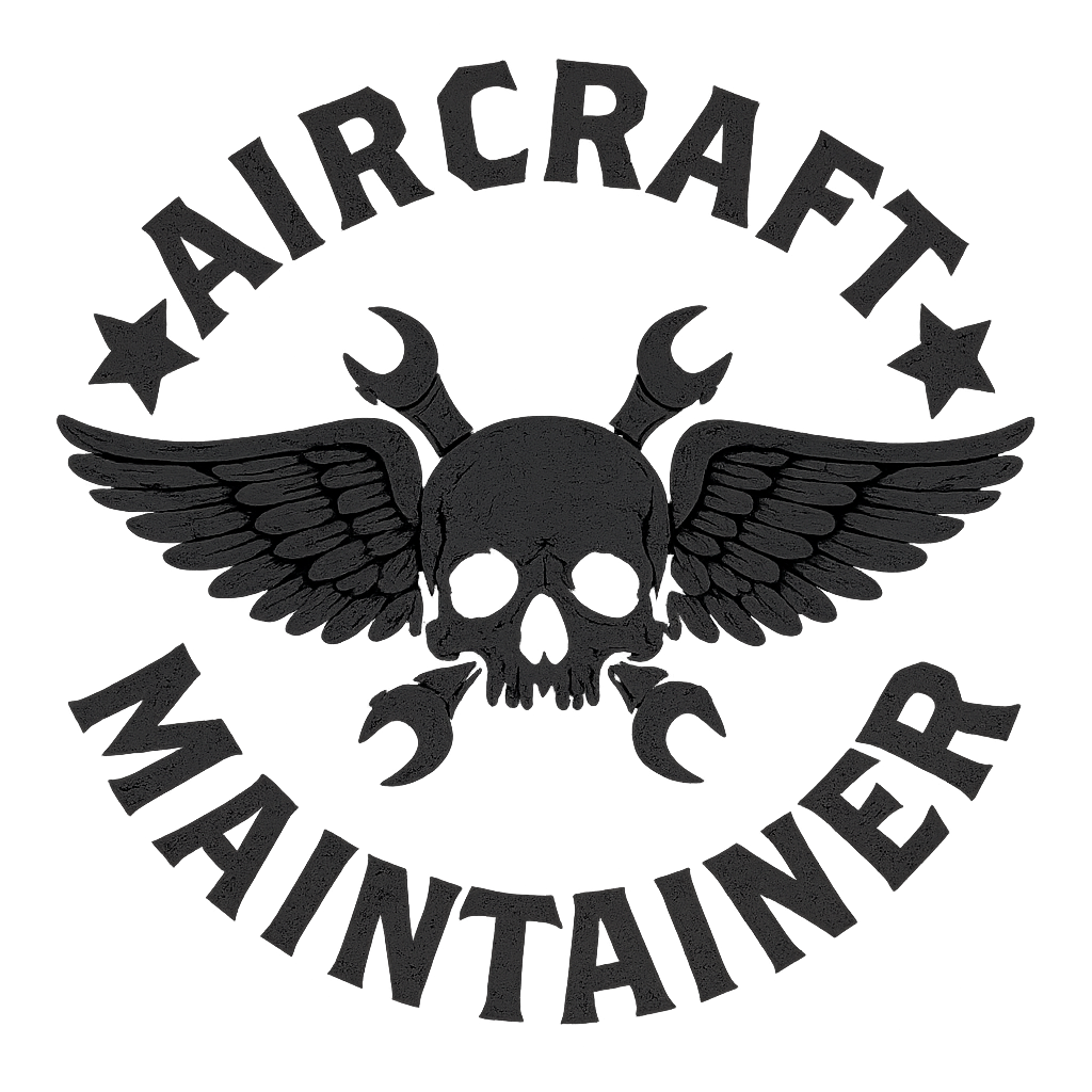 Logo for Aircraft Maintainer featuring a skull with wings, wrench, and crescent moon, with the text "Aircraft Maintainer" around it.