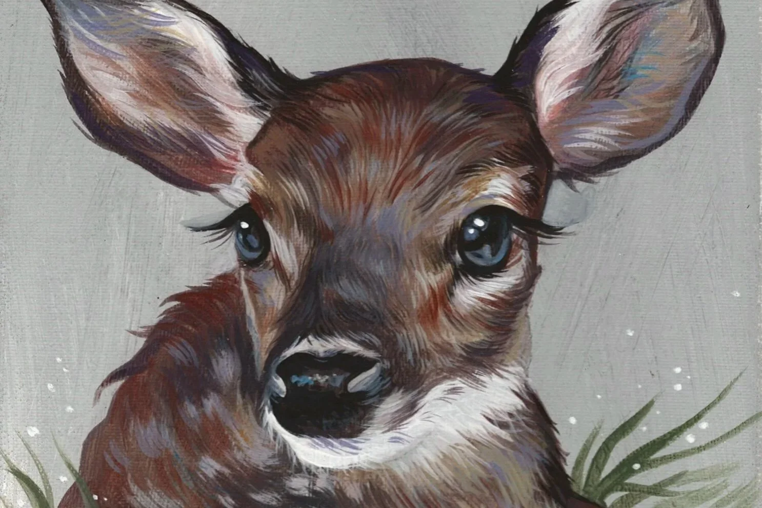 Gemälde eines jungen Hundes mit großen blauen Augen und großen Ohren auf grauem Hintergrund.