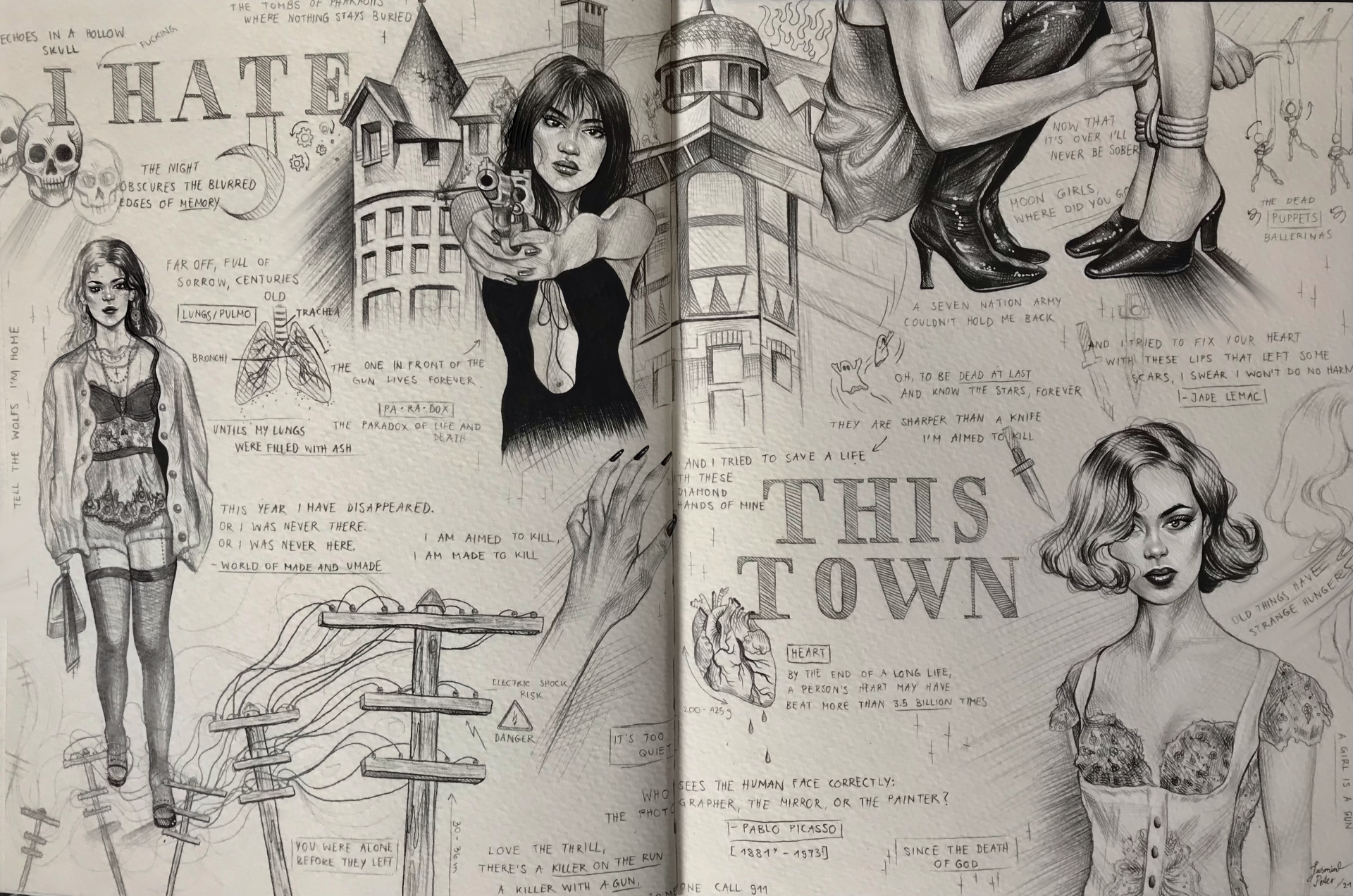 Zeichnungen und Texte in einem Skizzenbuch, mit Porträts von Frauen, einer Waffe, einem Herzen, einer Gasleitung, einem Gebäude und verschiedenen handschriftlichen Notizen.