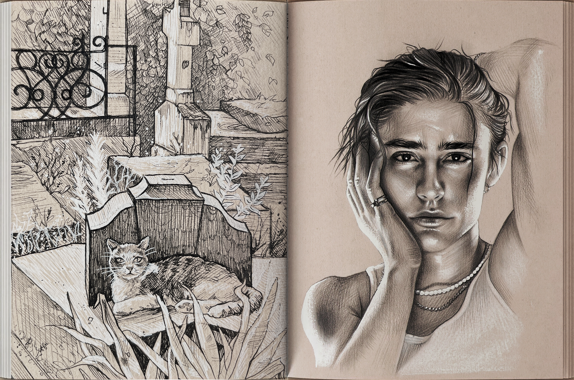 Zeichnung eines Gartens mit einem Katzenkorb und einer Katze darin auf der linken Seite, auf der rechten Seite ein realistisch gezeichnetes Porträt einer jungen Frau, die ihre Hände im Gesicht hält und in die Kamera schaut.