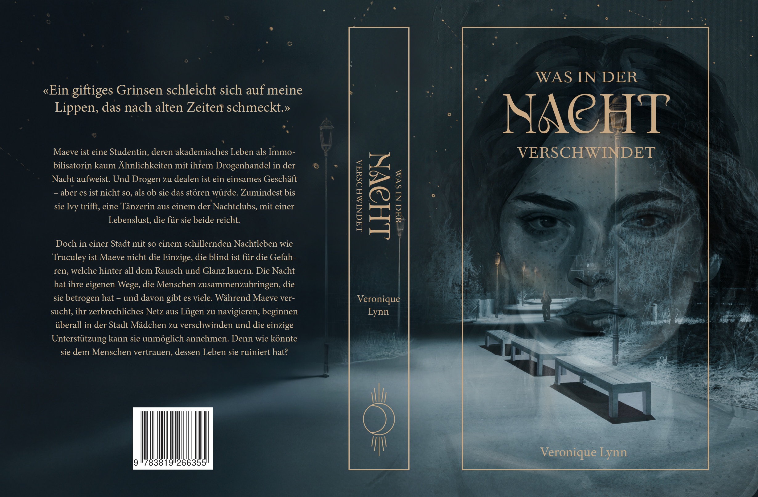 Buchcover des Romans 'Was in der Nacht verschwindet' von der Autorin Jasmin Peter, mit einem Mädchen mit dunklen Haaren und intensivem Blick vor einer nächtlichen Parklandschaft. Die Rückseite enthält Text über die Handlung und einen Barcode.