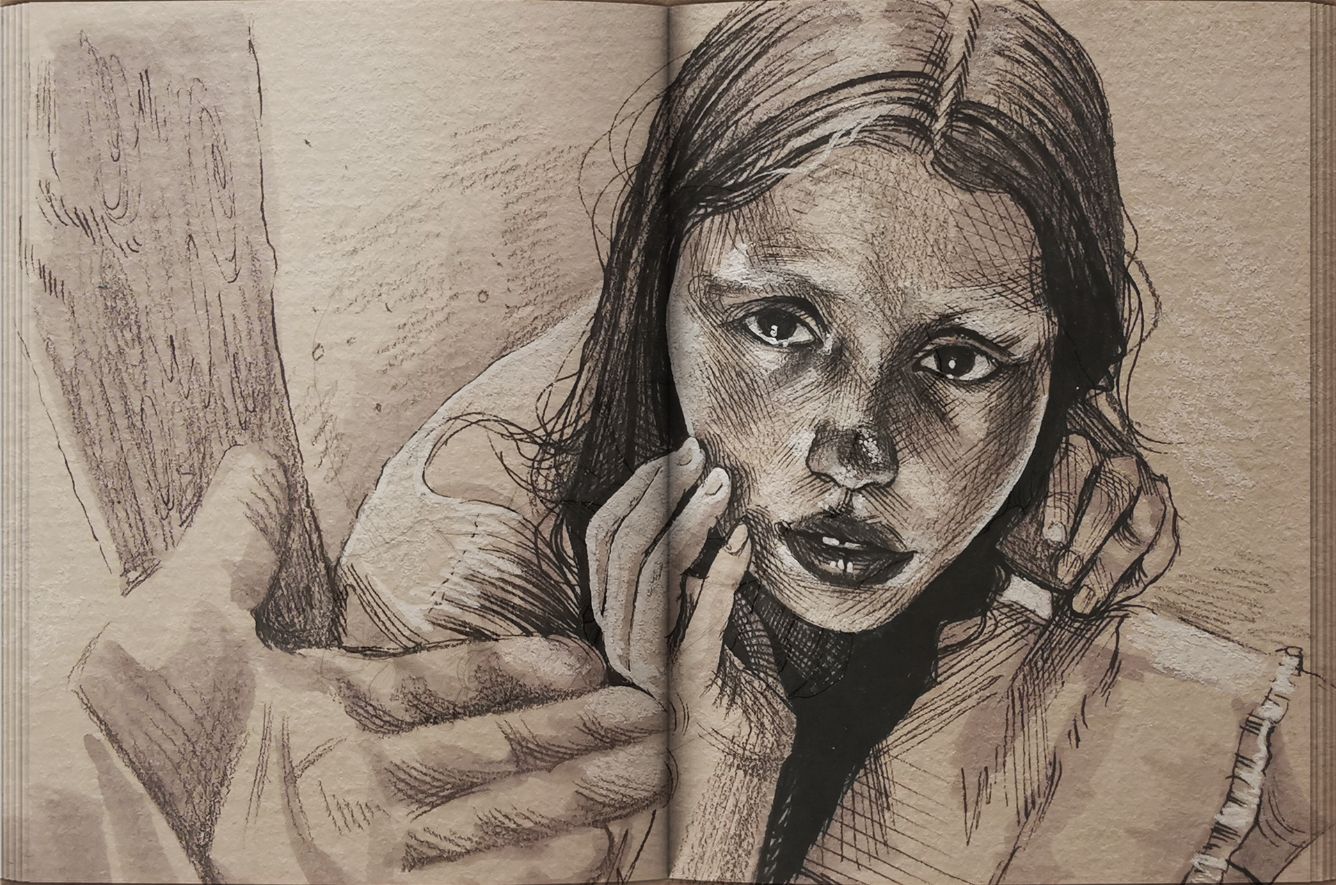 Zeichnung einer Frau, die nachdenklich aussieht, mit schwarzen Haaren und dunklen Lippen, die mit den Fingern ihr Gesicht berührt.