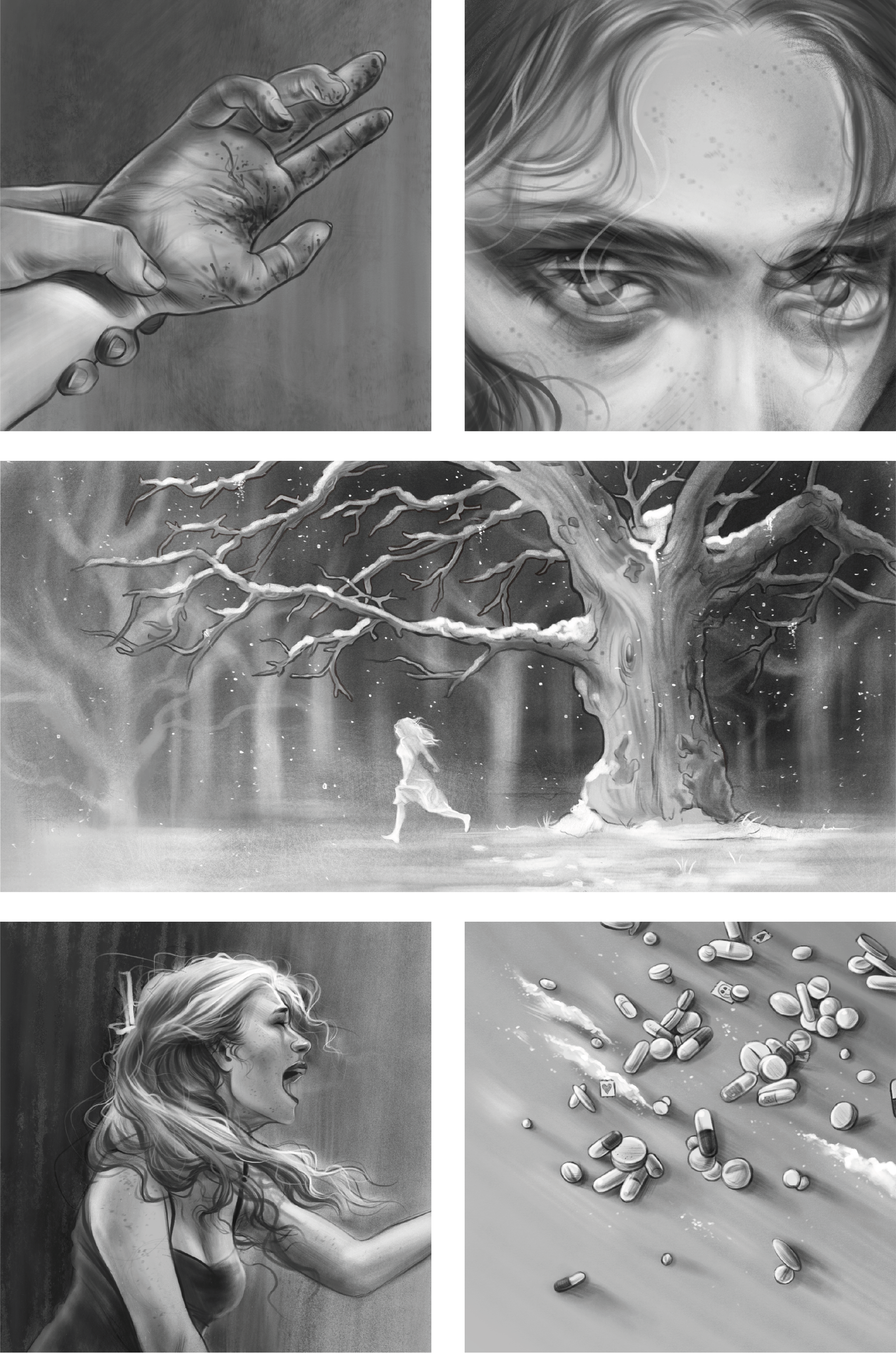 Eine Collage aus fünf schwarzen und weißen Illustrationen: oben eine Hand, die einen Arm berührt, daneben ein intensiver Blick einer Frau, in der Mitte ein Baum mit ausladenden Ästen, darunter eine Frau, die durch eine kalte winterliche Landschaft läuft, im unteren linken Bild eine verzweifelte Frau, die nach draußen schreit, und im unteren rechten Bild zahlreiche Medikamente verstreut auf einer Oberfläche.