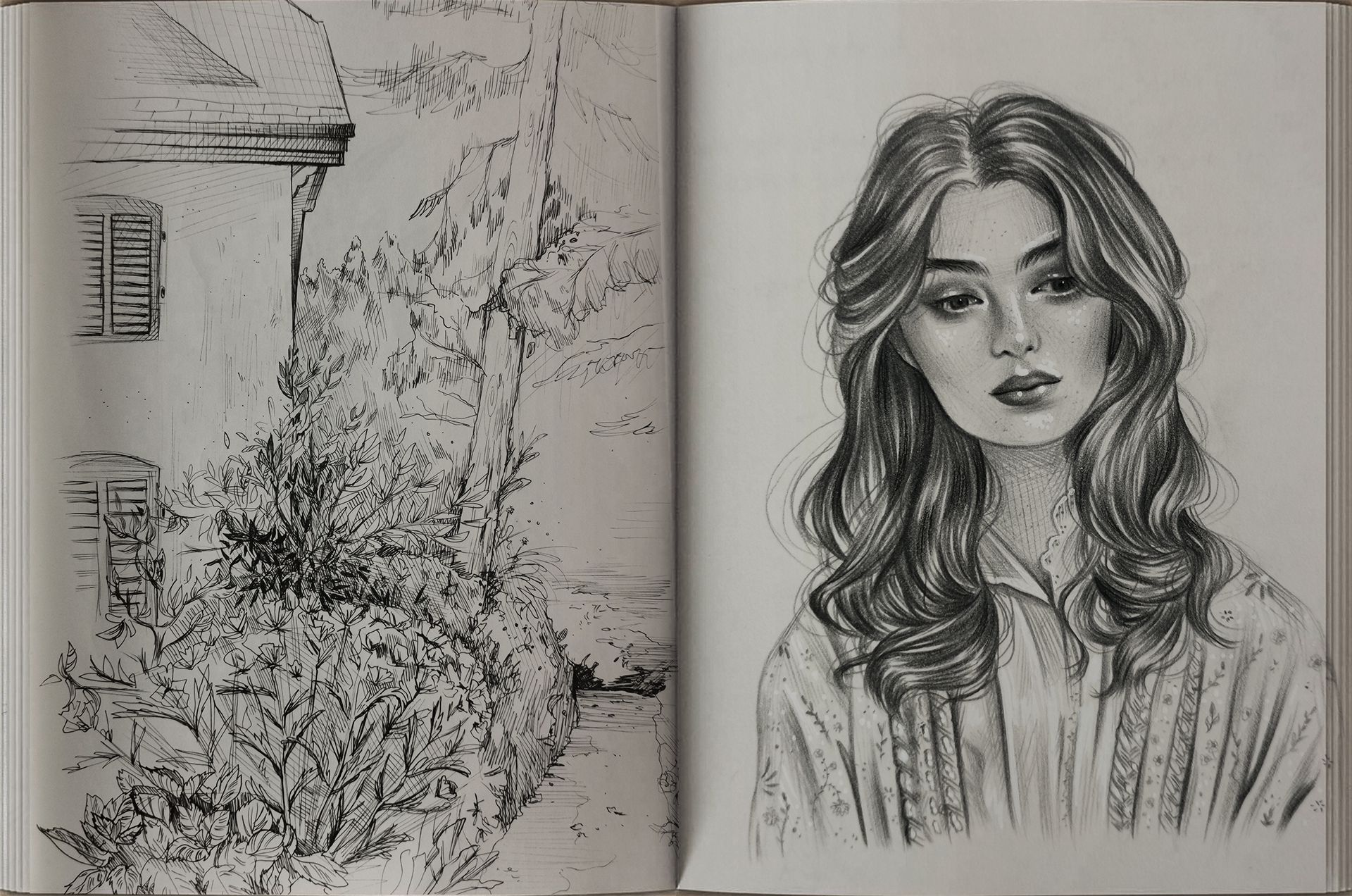 Zwei unterschiedliche Skizzen: Auf der linken Seite eine Detailzeichnung eines Hauses mit Fenster, umgeben von Bäumen und Pflanzen. Auf der rechten Seite ein realistisch gezeichneter Portrait eines jungen Frau mit langen, gewellten Haaren, verzierten