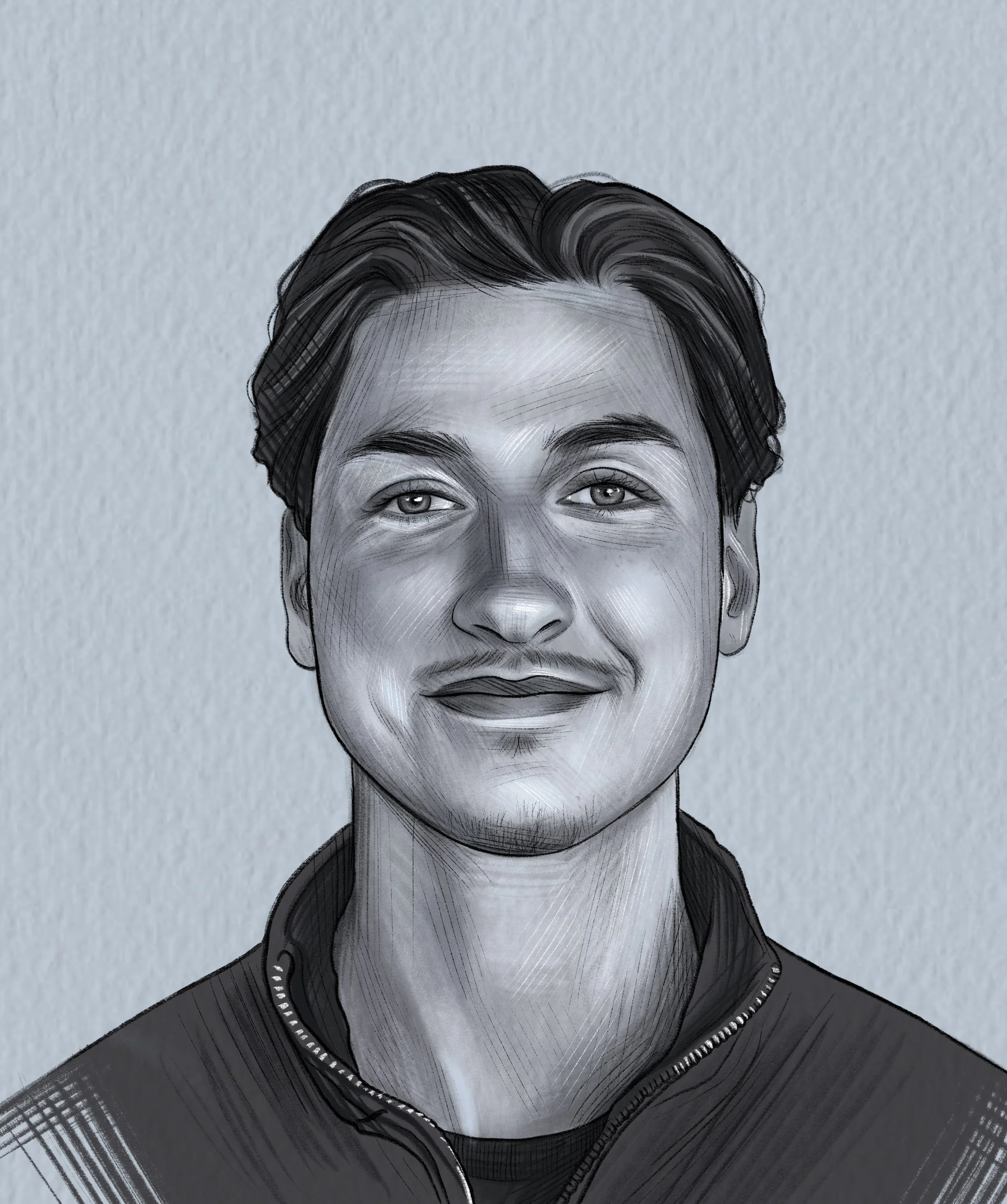 Schwarz-weiß gezeichneter Porträt eines Mannes mit dunklen, gewellten Haaren, einem leichten Lächeln und einem schwarzen Jackett