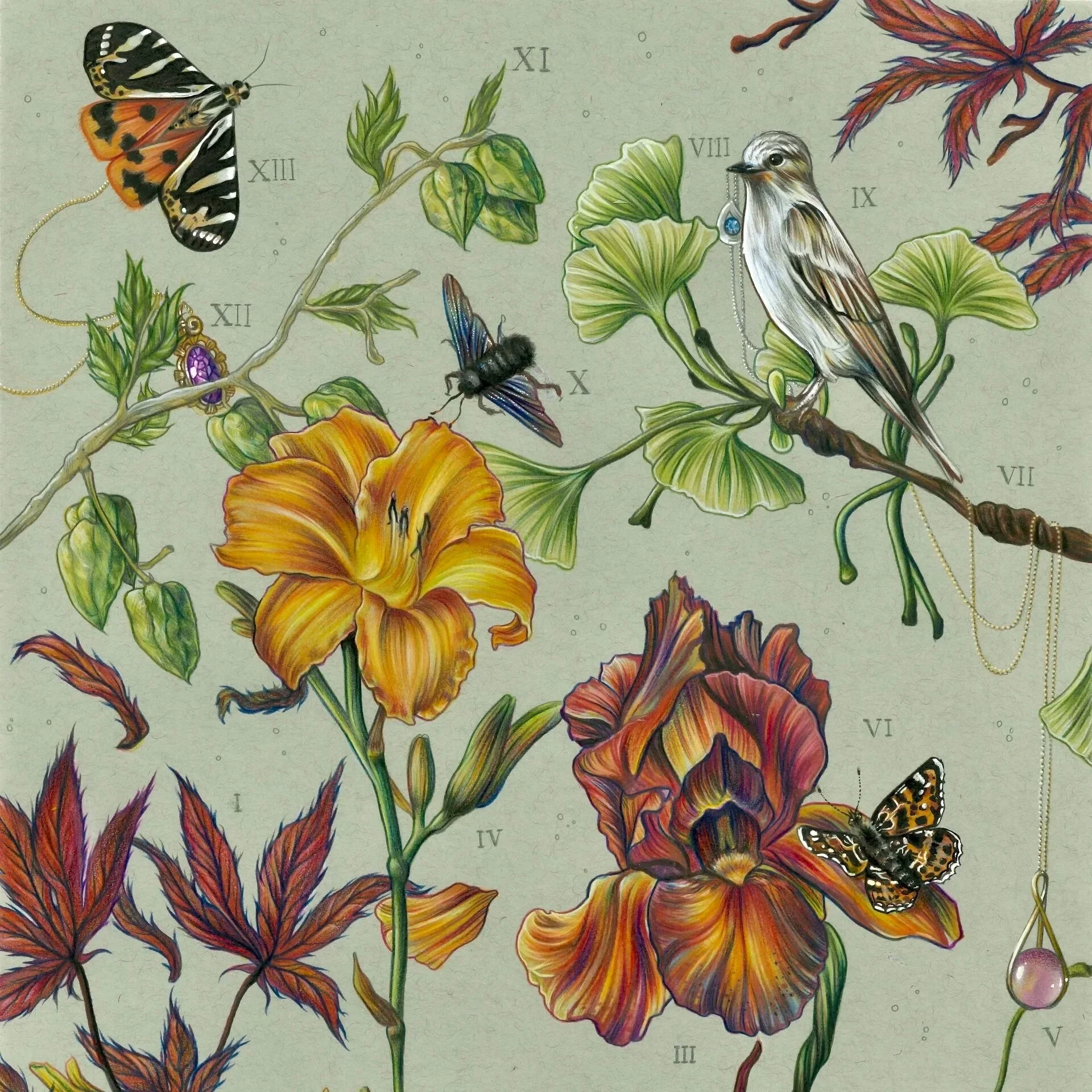 Illustration einer botanischen Wandkunst mit bunten Blumen, Vögeln, Schmetterlingen und Insekten, einschließlich römischer Zahlen im Hintergrund.
