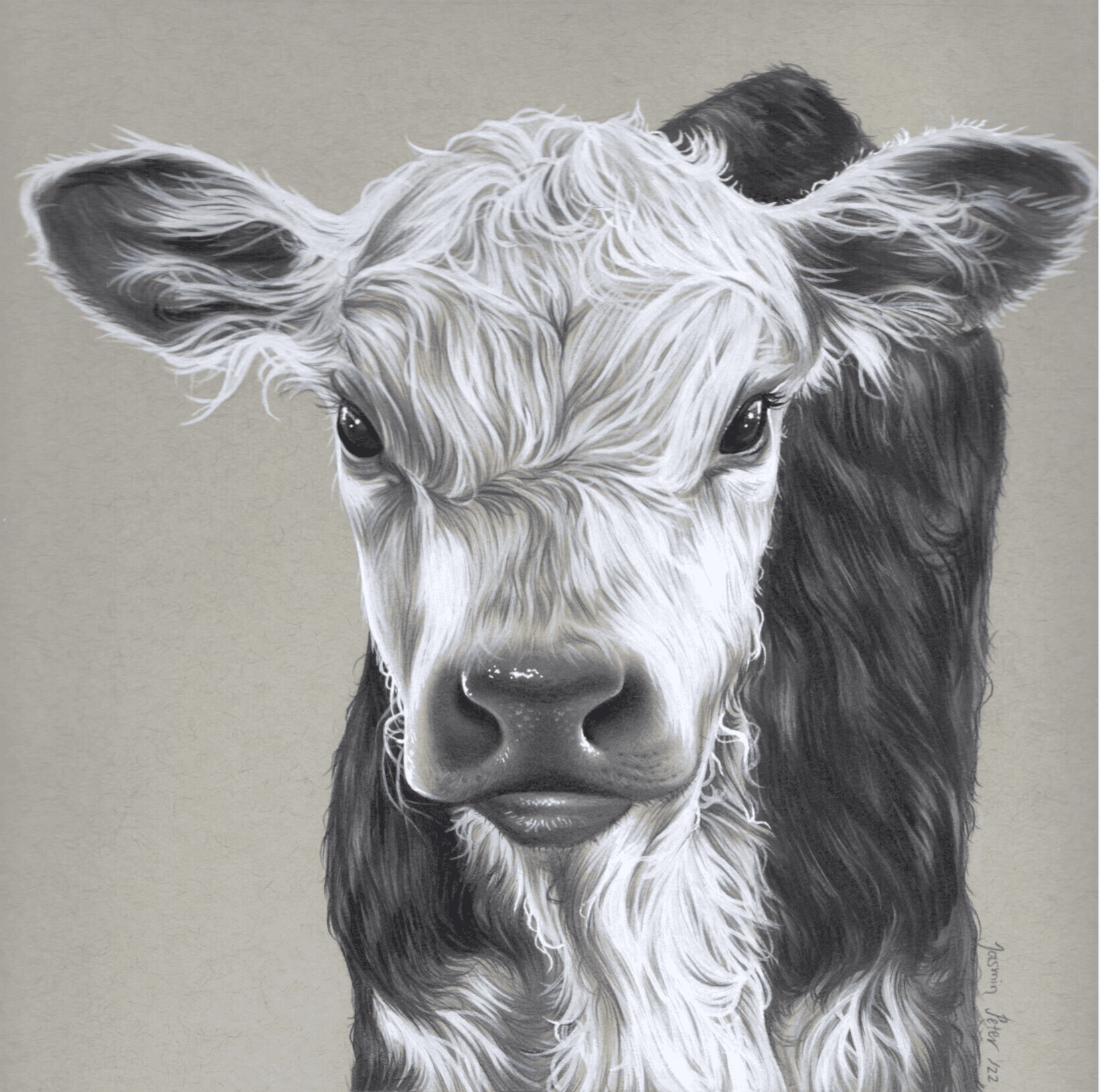 Ein realistisch gemaltes Küken mit weißen, sandfarbenen und schwarzen Federn, blickt direkt in die Kamera, auf neutralem Hintergrund.