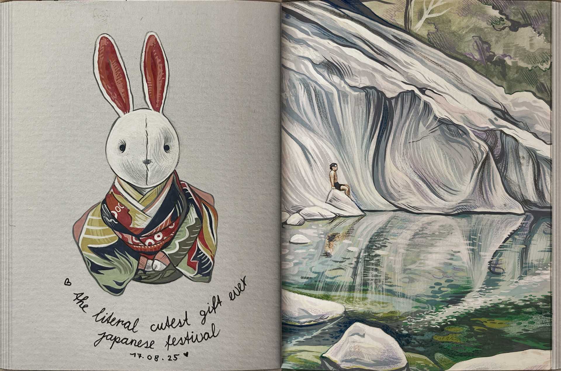 Linke Seite: Ein anthropomorpher Hasenkopf mit aufgeklebter Silhouette und buntem Schal, darunter der Text 'The cutest girl ever japanese festival'Rechte Seite: Ein Mensch sitzt auf einem Felsen am Fluss, umgeben von großen Steinen und einer natürlic