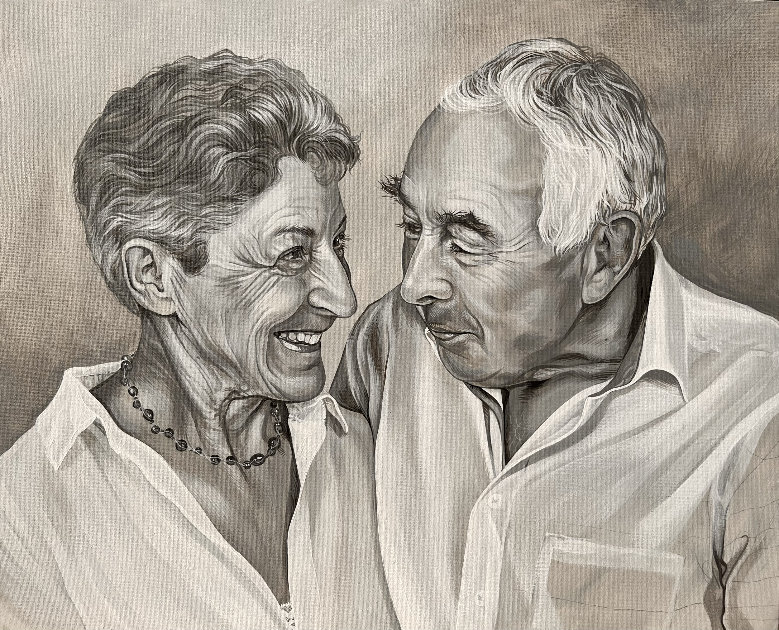 Zeichnung eines älteren Mannes und einer älteren Frau, die sich freundlich ansehen.