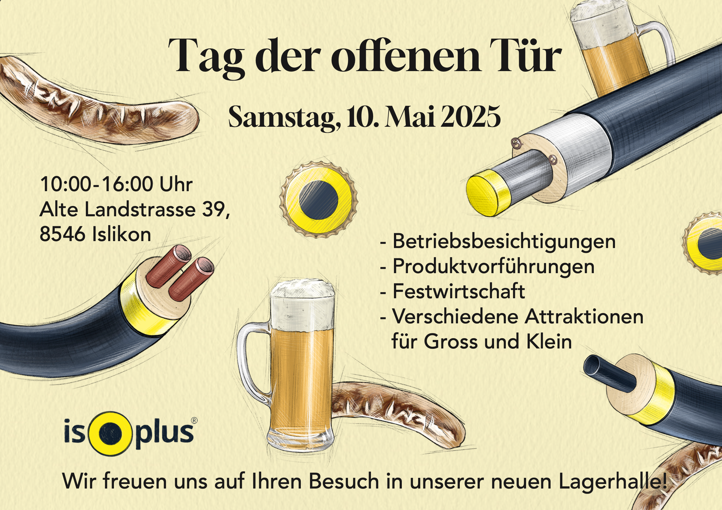 Ein Plakat mit Einladung zum Tag der offenen Tür bei isoplus am 10. Mai 2025, mit Illustrationen von Bier, Wurst, Kabeln und einem Leitungssystem, inklusive Adresse, Uhrzeit und Programmhöhepunkten.