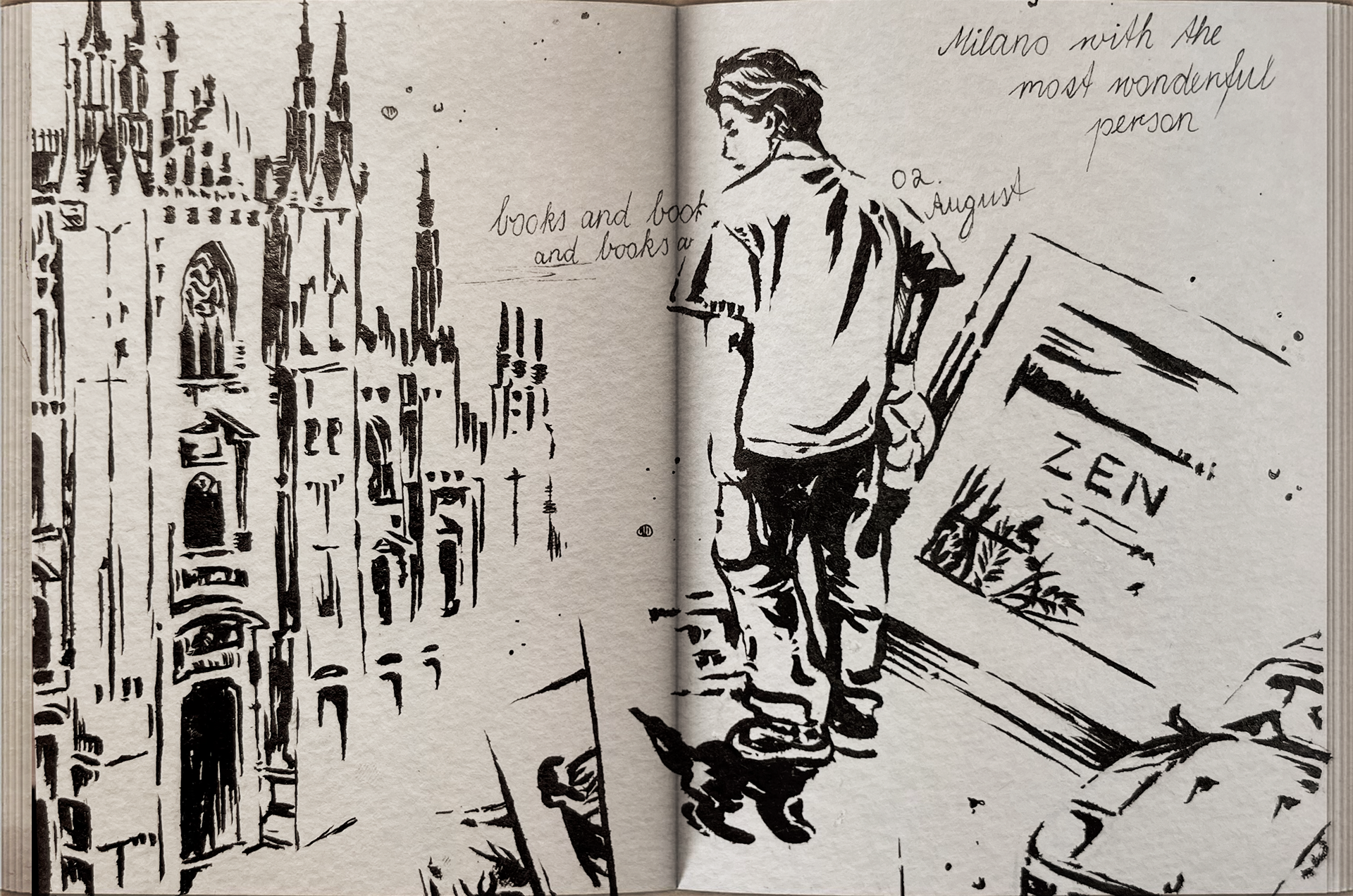 Skizze eines jungen Mannes, der auf einer Brüstung in Mailand steht, mit Blick auf eine gotische Kathedrale. Handgeschriebene Notizen in Englisch über das Bild, darunter "Milano with the most wonderful person" und "books and books".