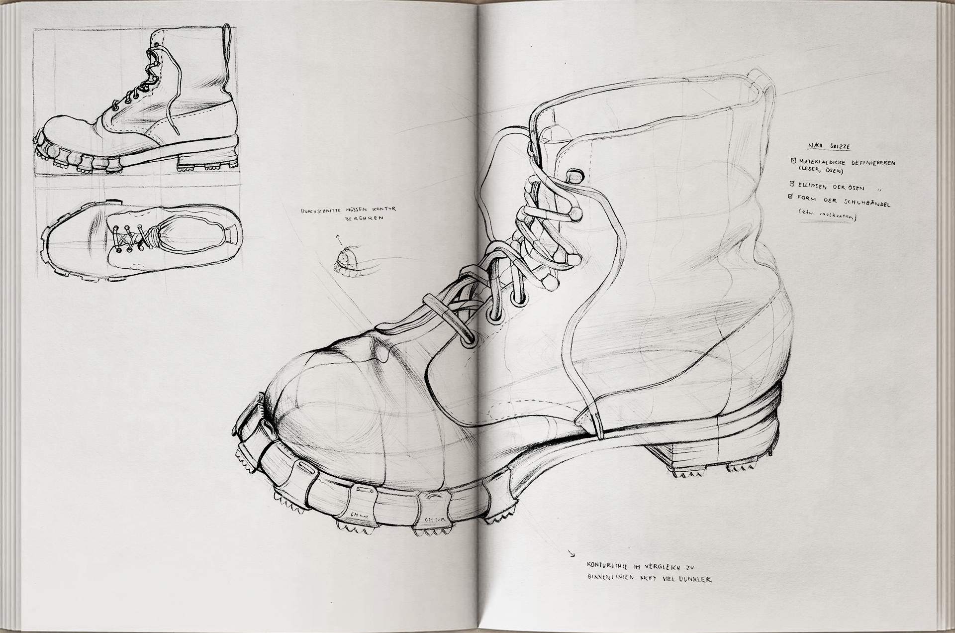 Skizze eines Stiefels und seiner Details, inklusive Seiten- und Draufsicht, mit annotations auf Deutsch zu Material, Kontur und Form.