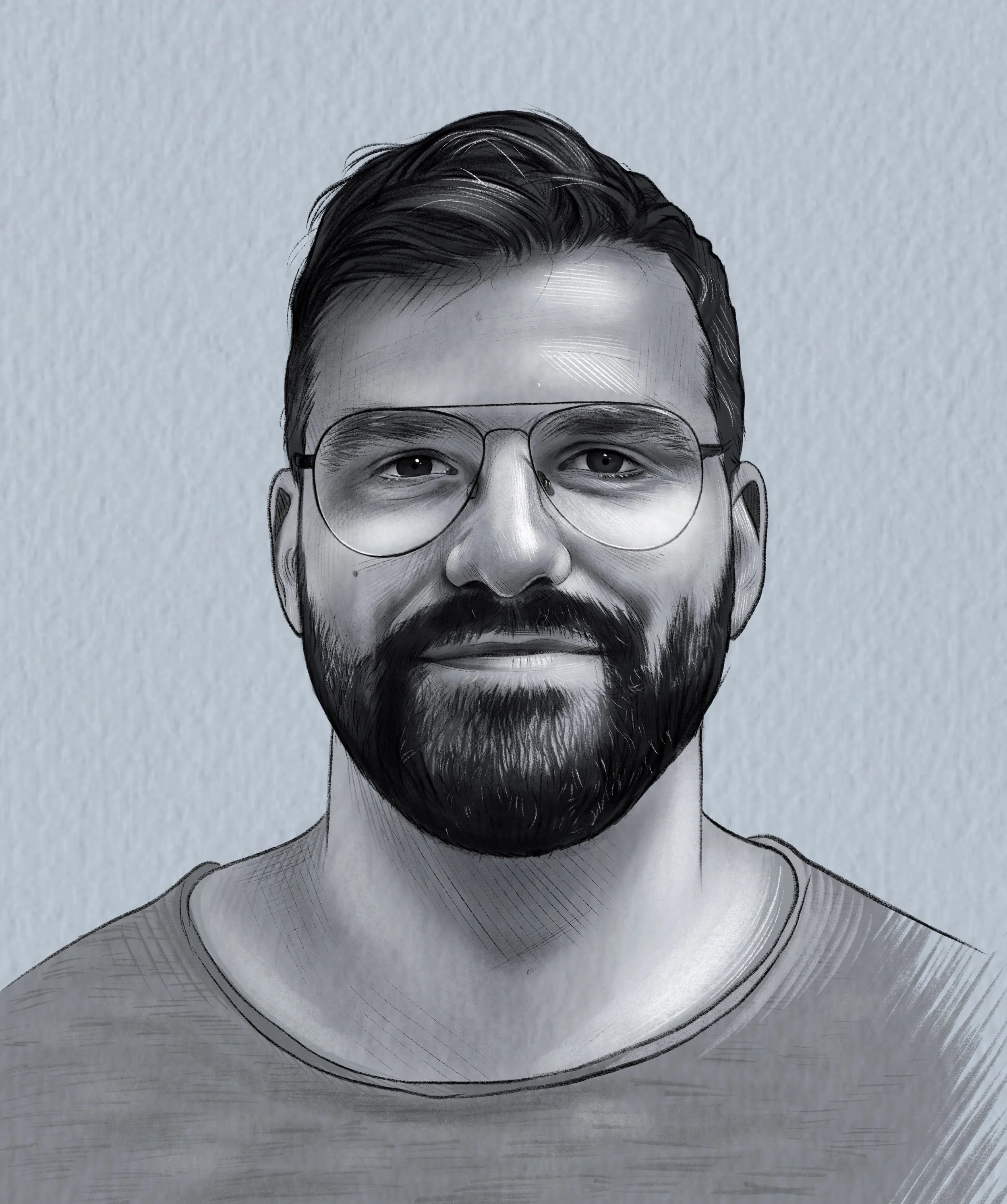 Ein digital erstelltes Porträt eines Mannes mit Brille und Bart, mit dunklen Haaren, vor einem hellblauen Hintergrund.