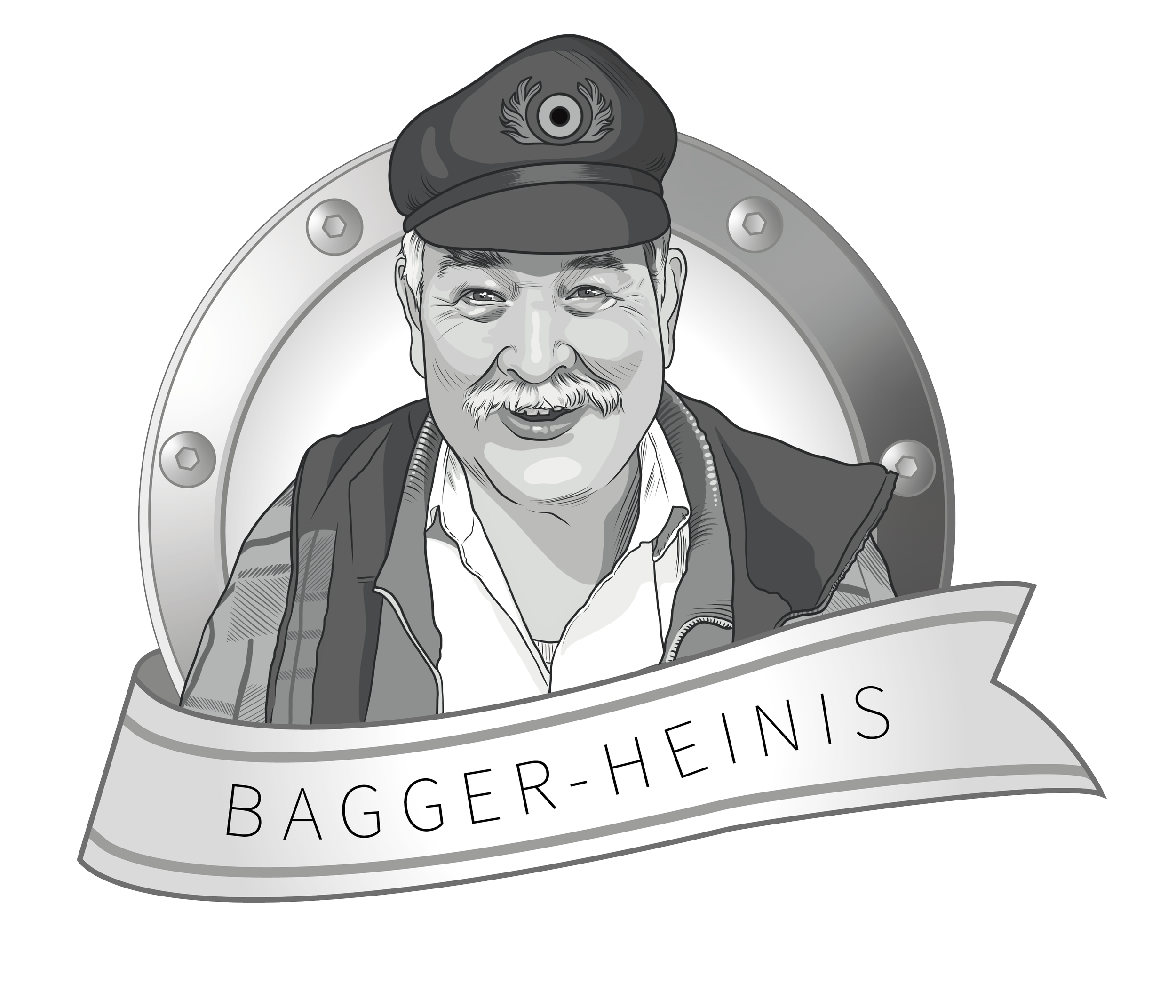 Illustration eines lachenden Mannes mit Mütze und Rucksack, in einem Rahmen mit Schrauben, darunter ein Banner mit dem Text "Bagger-Heinis".