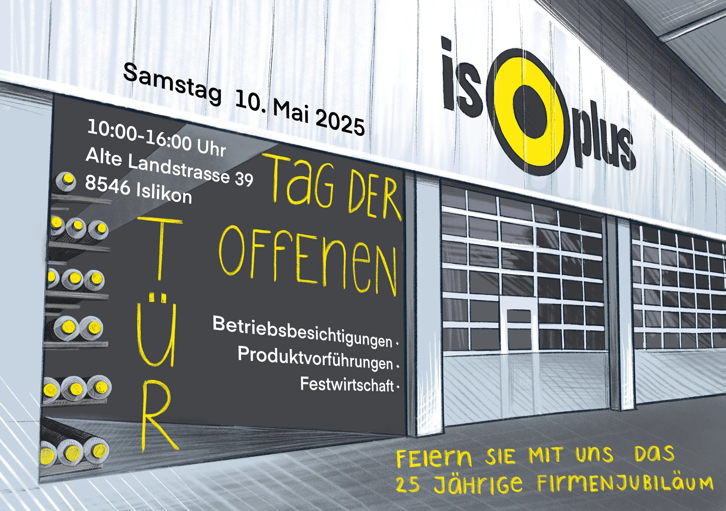 Außenansicht eines Geschäfts mit dem Logo "iso plus" an der Front. Es gibt ein schwarzes Schild mit gelben und weißen Texten, das auf eine Veranstaltung am 10. Mai 2025 hinweist, inklusive Adresse, Uhrzeit und Programmpunkten. Unten steht, dass die F