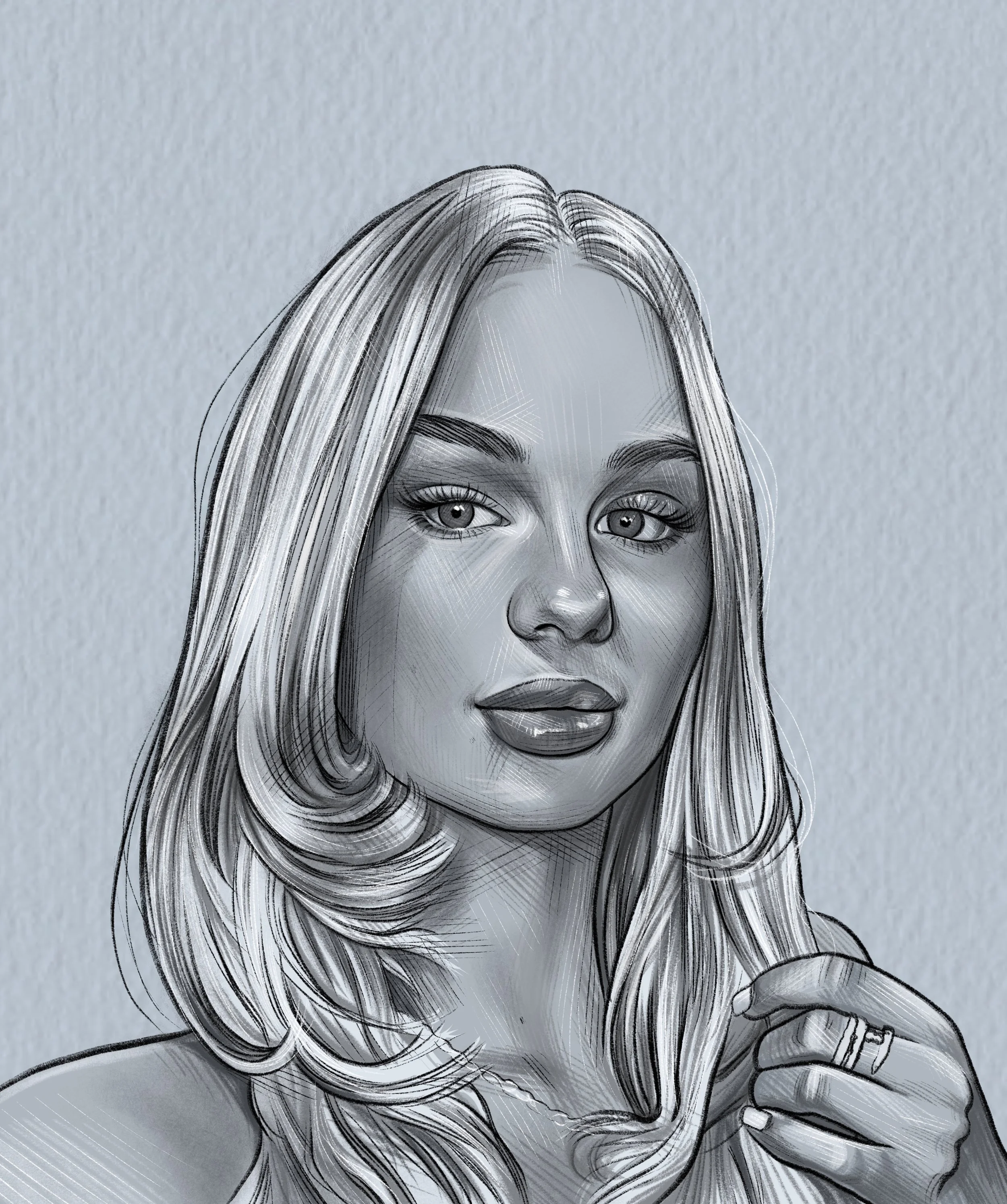 Digitales Porträt eines schulterlangen, gewellten, blond gefärbten Mädchens, das elegant aussieht und den Blick direkt auf die Kamera richtet.