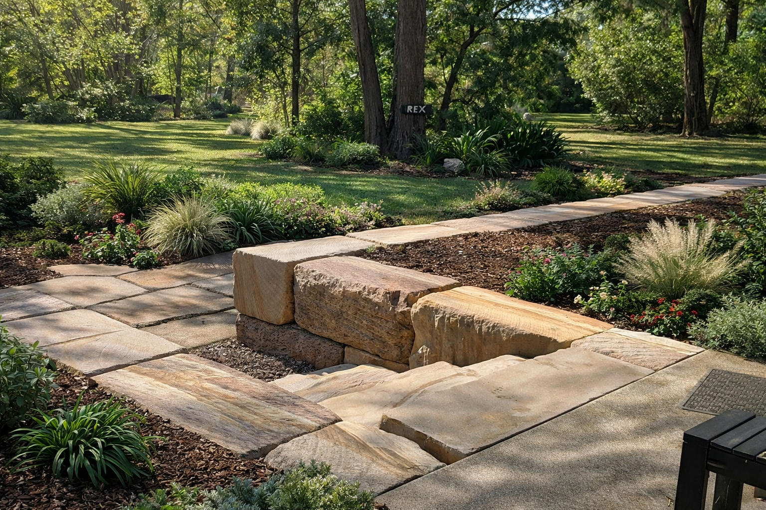 A landscaped yard with a stone and brick pathway, lush green grass, trees, and various plants and flowers.