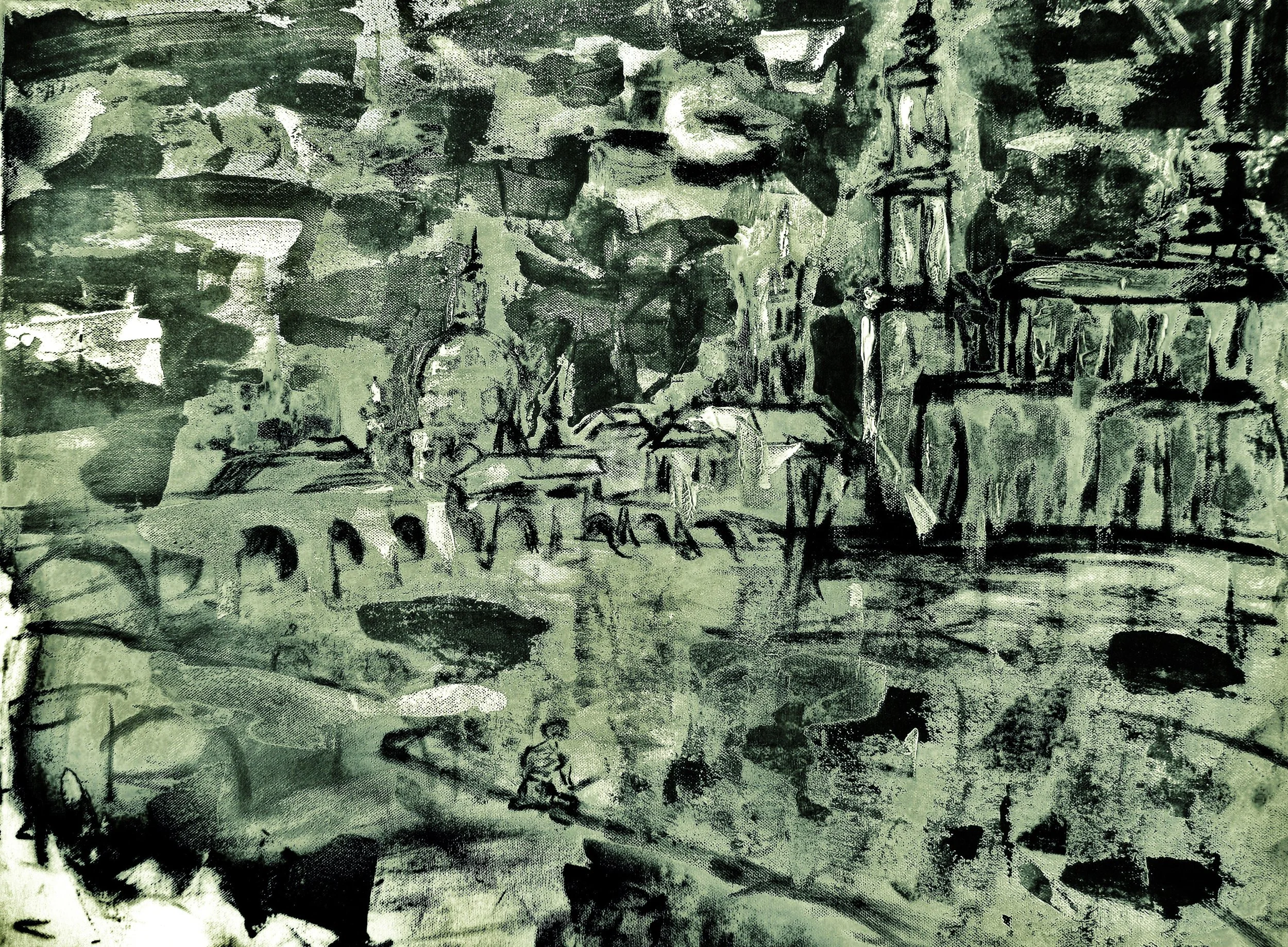 An abstract painting of a cityscape with buildings, a bridge, domes, and a person sitting near water, using green and black colors.
