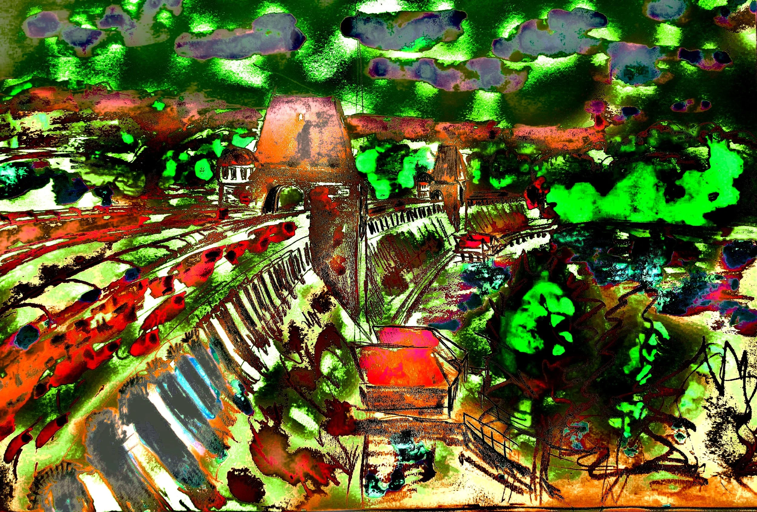 A colorful, abstract illustration of a castle with towers, surrounded by greenery, with a body of water in the foreground and a cloudy sky above.