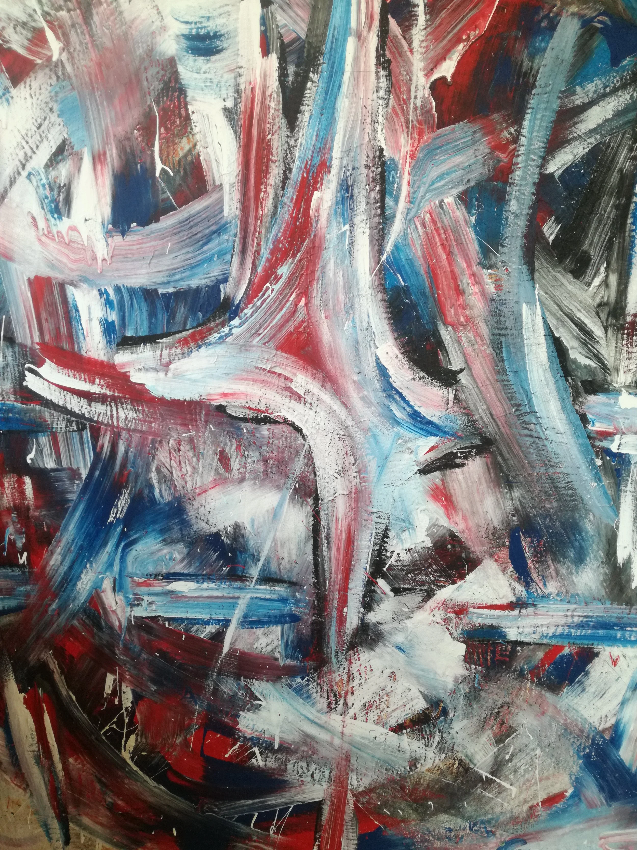 An abstract painting with bold, sweeping brushstrokes in red, white, blue, black, and hints of gray.