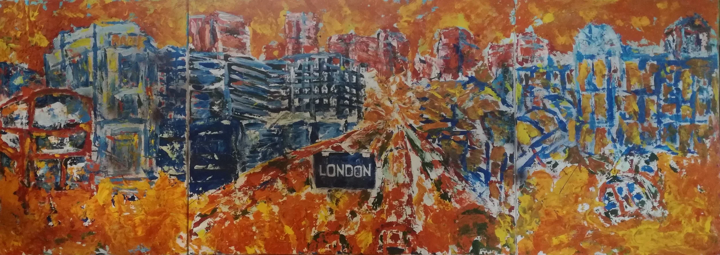 A colorful abstract painting of London cityscape with buildings, trees with orange and yellow leaves, and a black sign with white text reading 'LONDON' in the center.