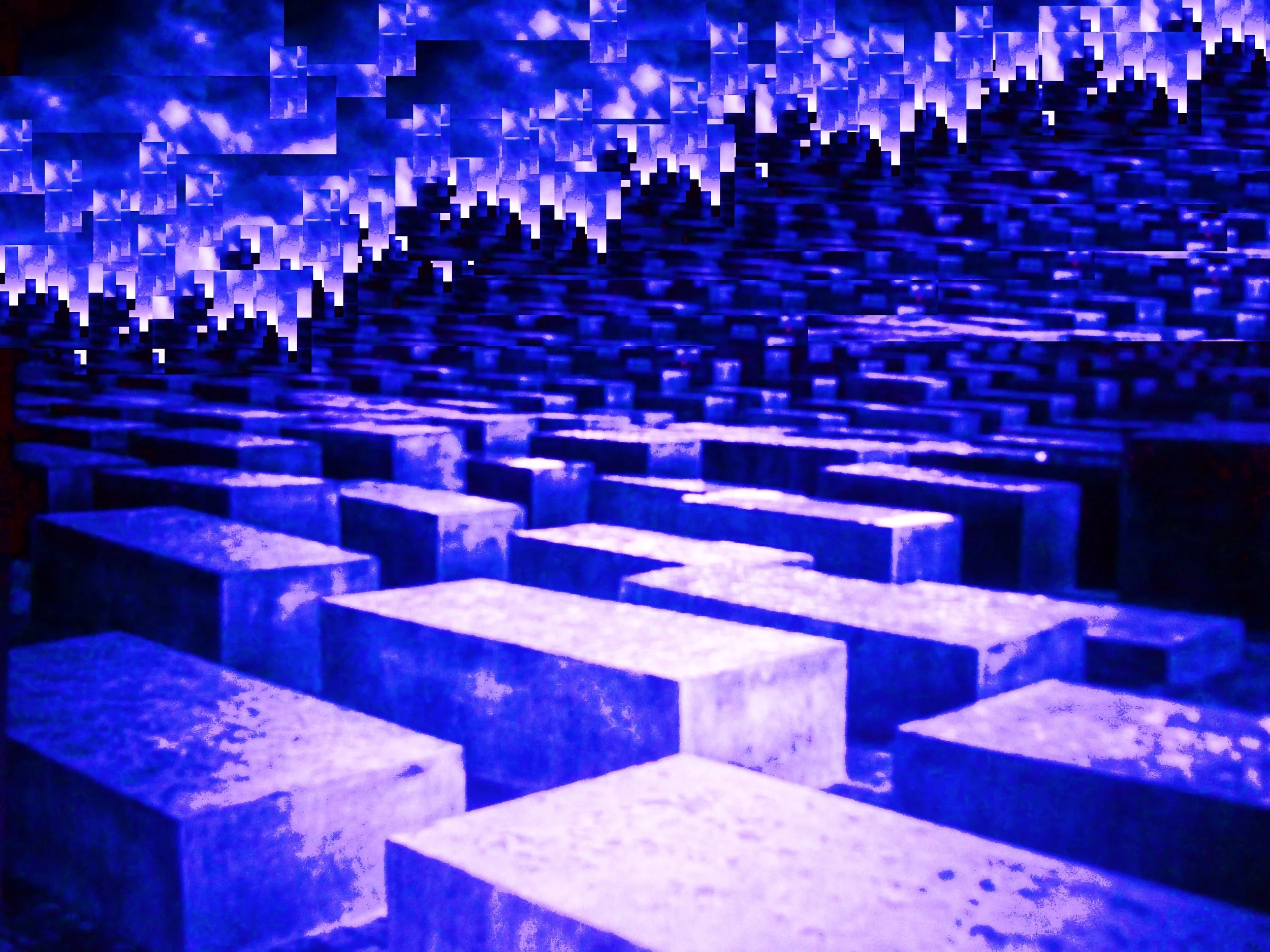 An artistic installation of illuminated blue blocks arranged in a pattern, with a background of an abstract, pixelated blue sky with clouds.