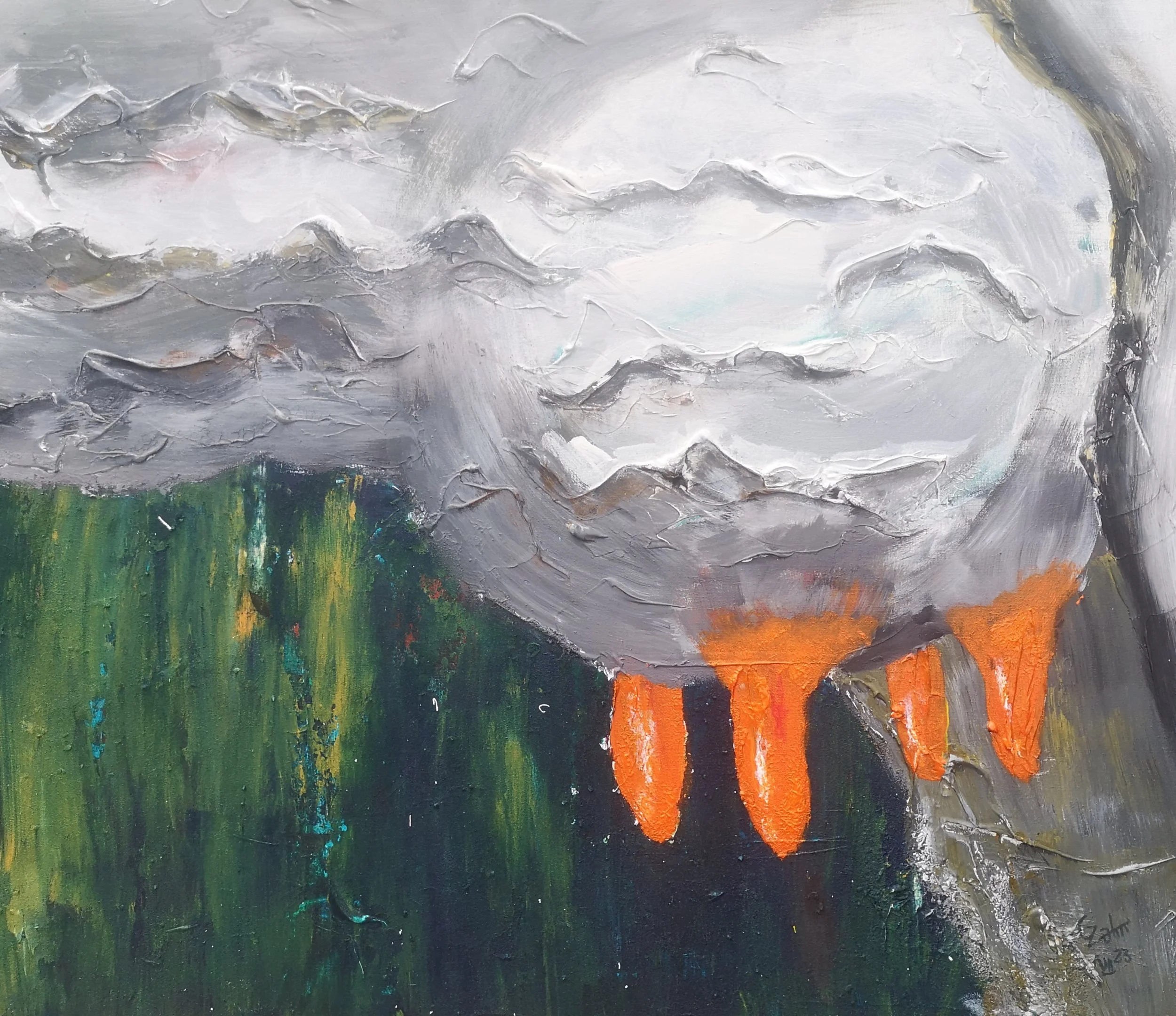 Abstract painting of a volcanic eruption with gray clouds and orange lava flowing down dark green and black landscape.