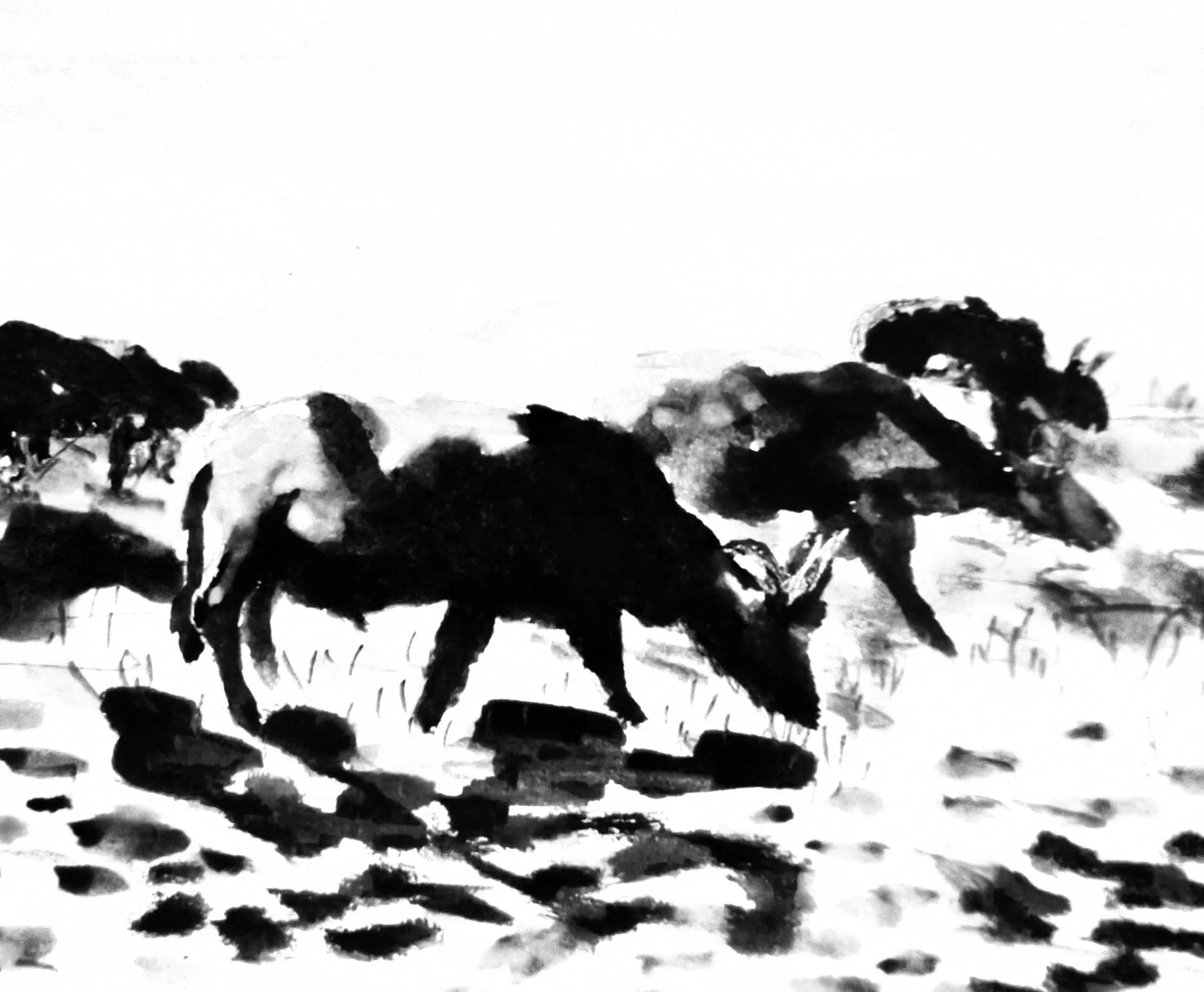 Black and white painting of cows grazing on a field with trees in the background.