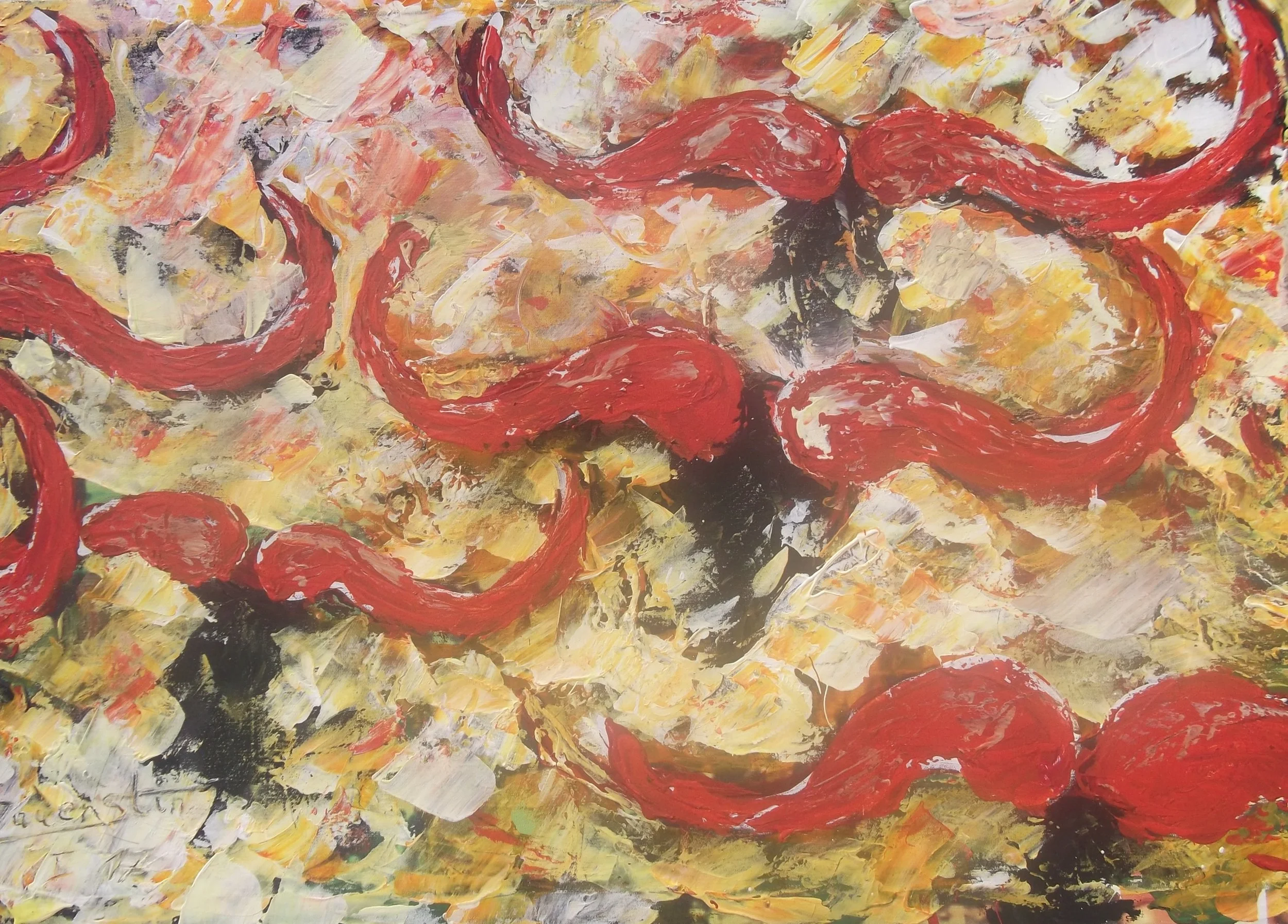 Abstract painting of red chili peppers on a textured background with yellow, white, black, and orange hues