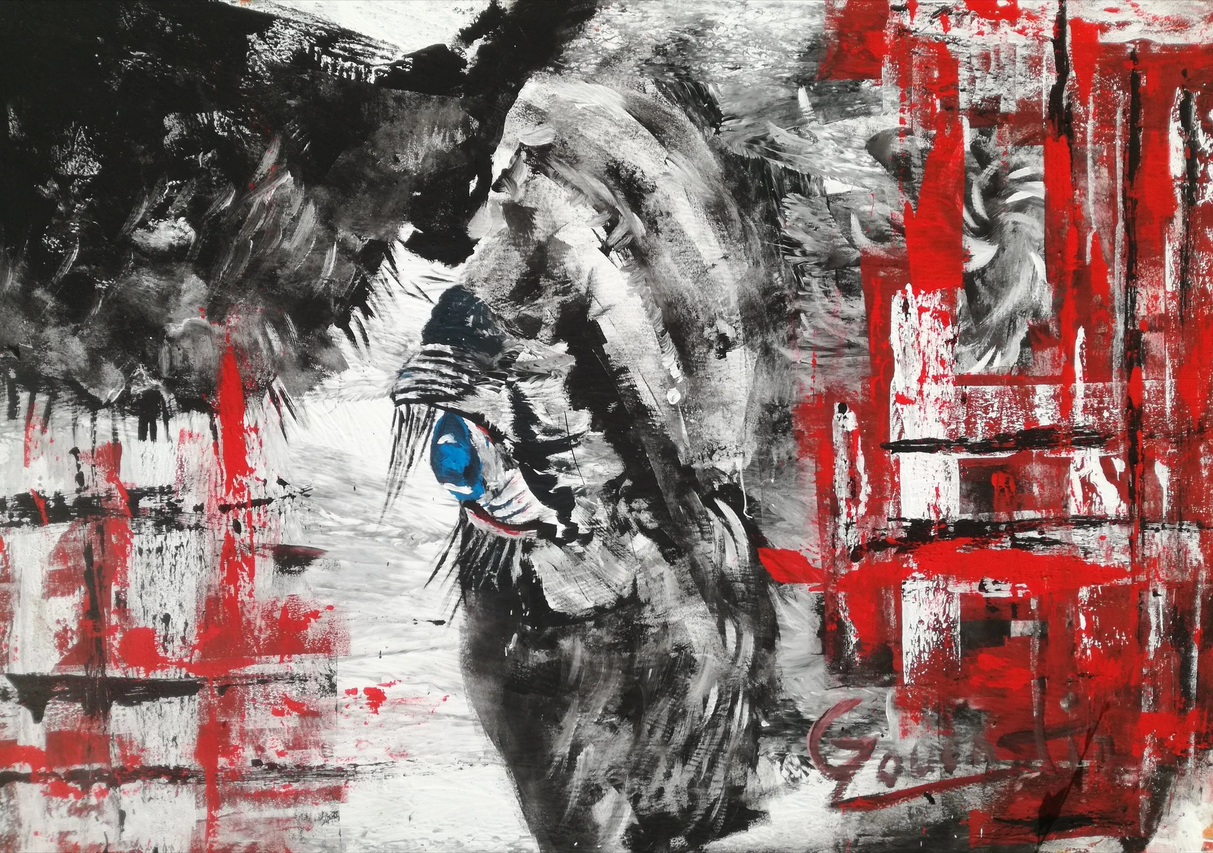 An abstract black, white, and red painting depicts a figure leaning over, with a blue circular element near the face, in an expressive, graffiti-inspired style.
