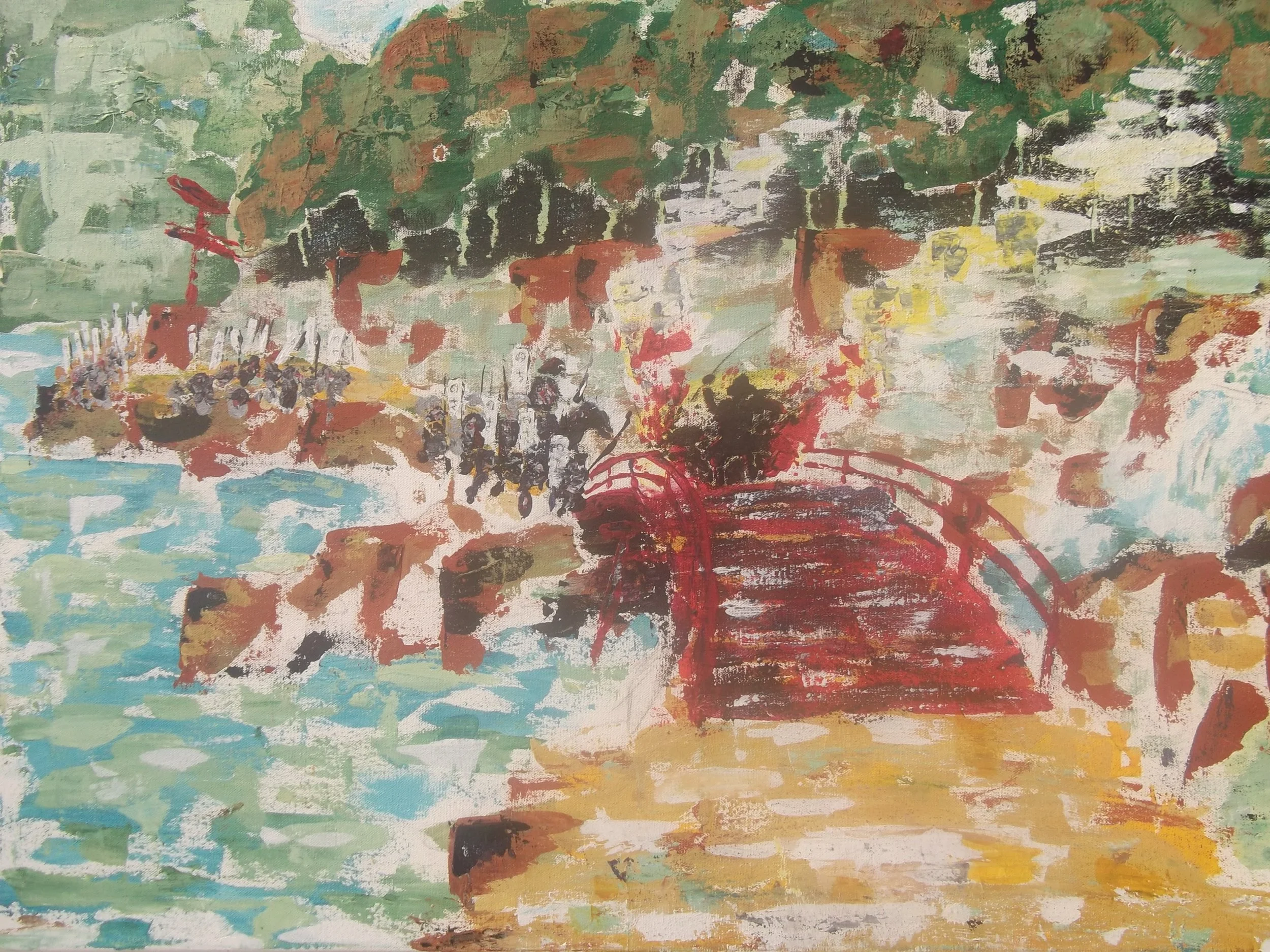 An impressionistic painting of a landscape with a red arched bridge over water, a path leading to the bridge, and a crowd of people on the left side, with trees and buildings in the background.