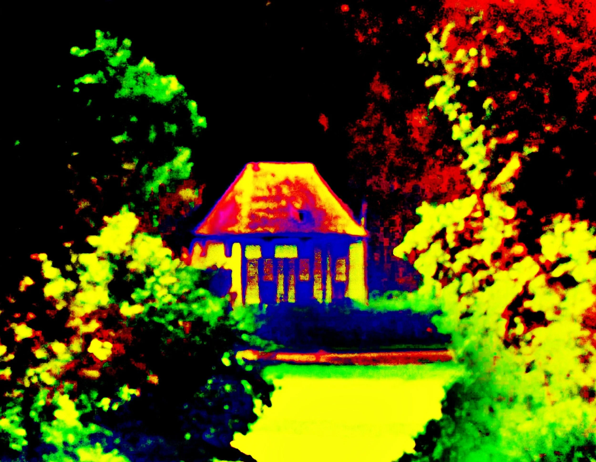 A digital, color-filtered image of a house with a sloped roof, surrounded by trees and grass.