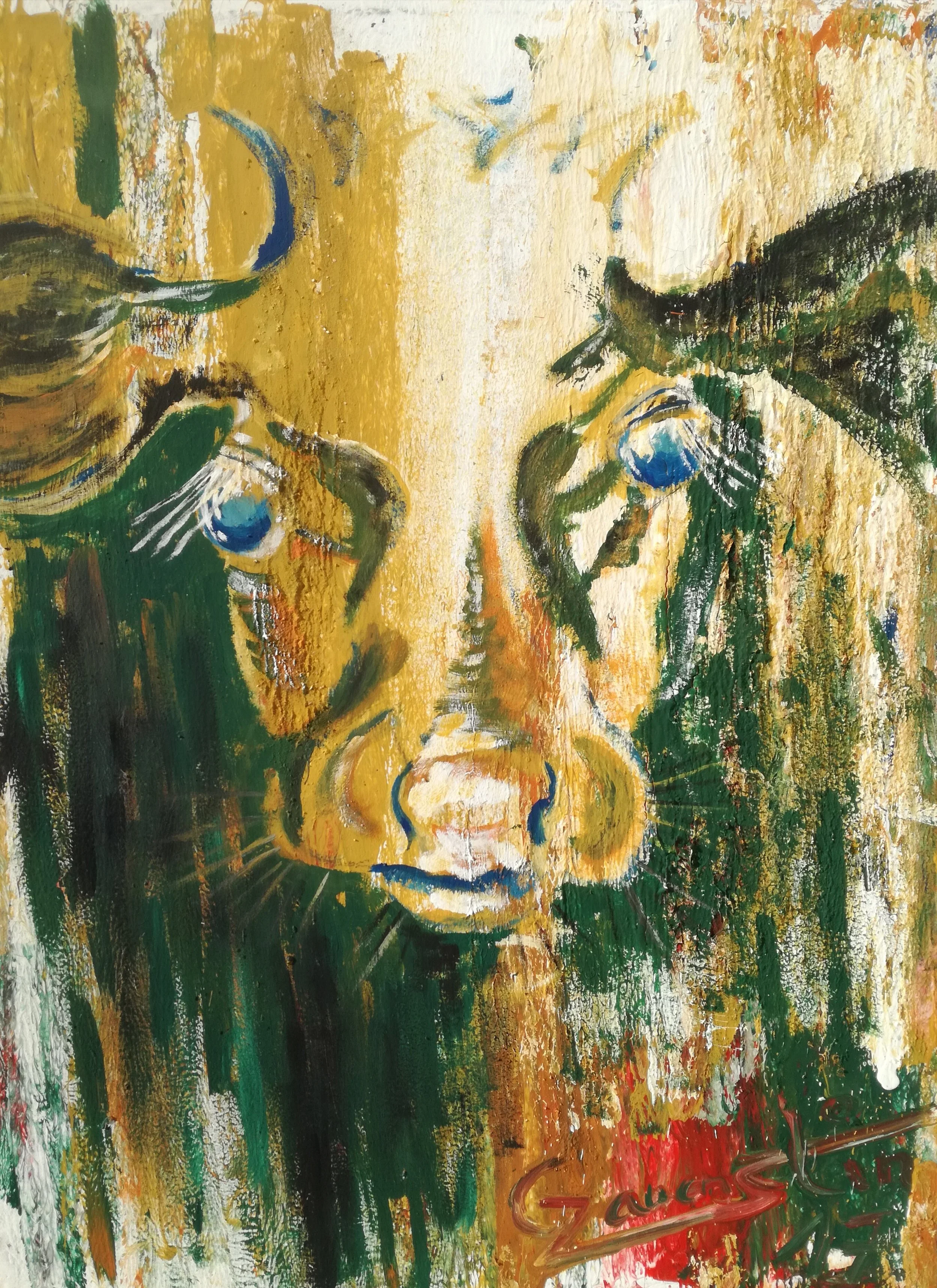 Abstract painting of a human face with a yellow background, green and white accents, and blue eyes, signed by the artist at the bottom.