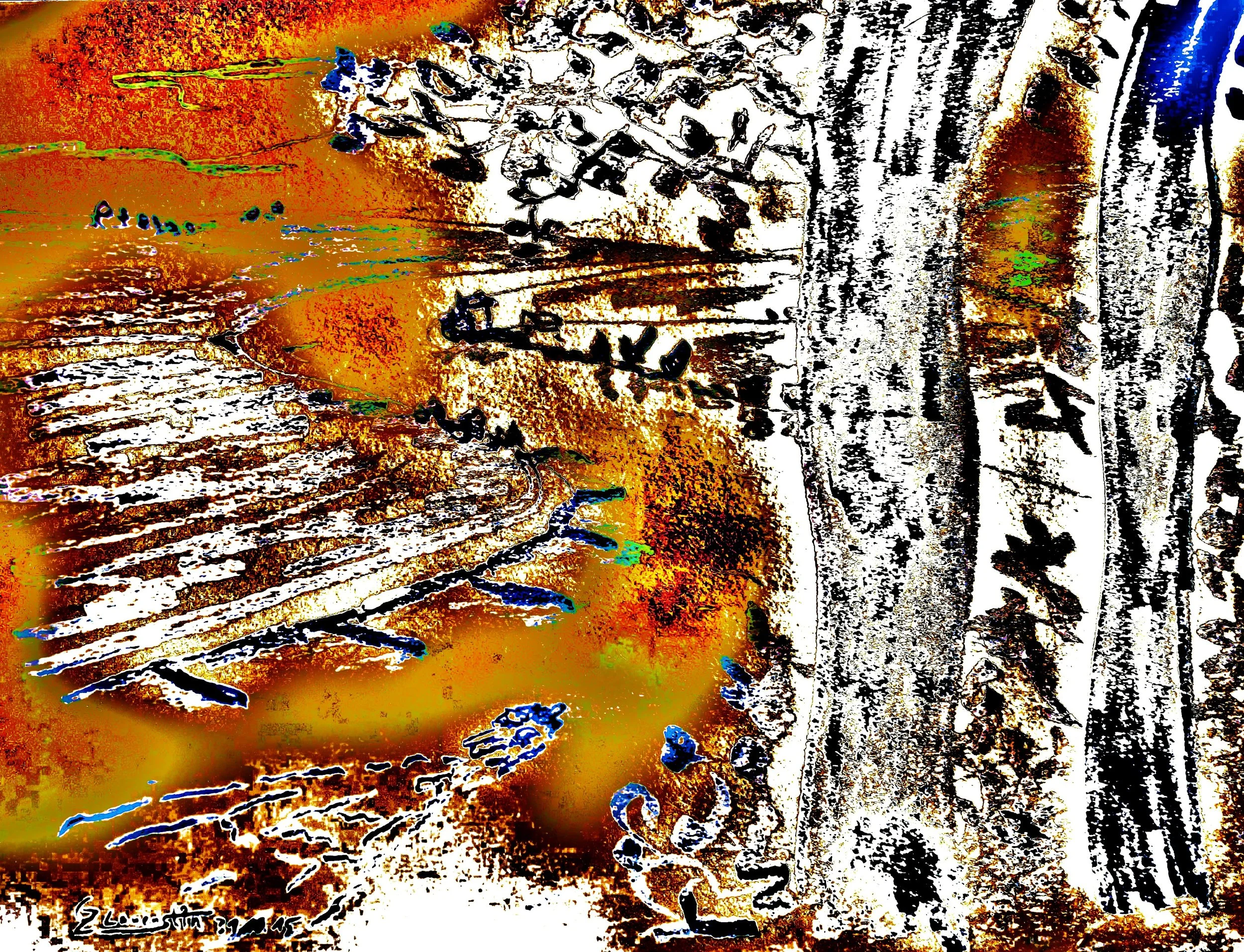 An abstract, heavily edited image showing a tree with branches on the right side and a scenic landscape with a body of water, hills, and sky in the background on the left side. The colors are heavily manipulated with high contrast and digital effects