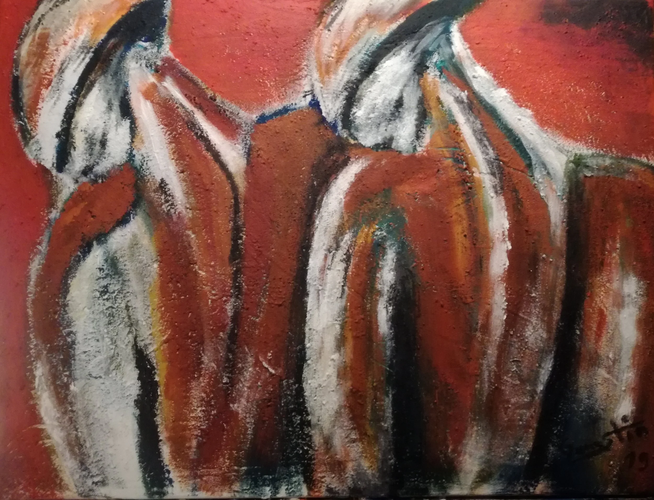 An abstract painting with curved shapes in red, white, black, and hints of yellow and green.