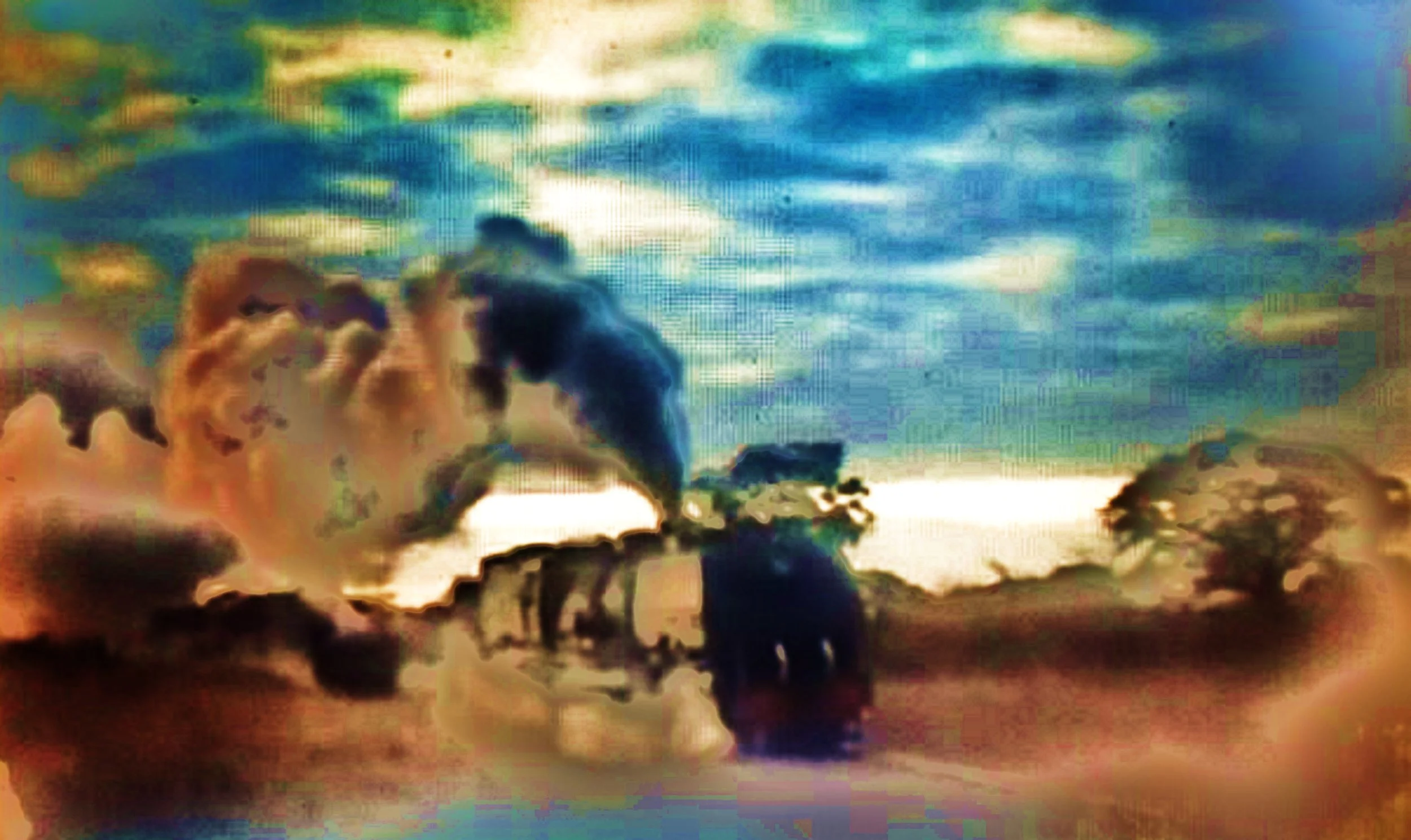 A colorful, abstract painting of a rural landscape with a tractor on a dirt road, trees, and a dramatic sky with clouds.