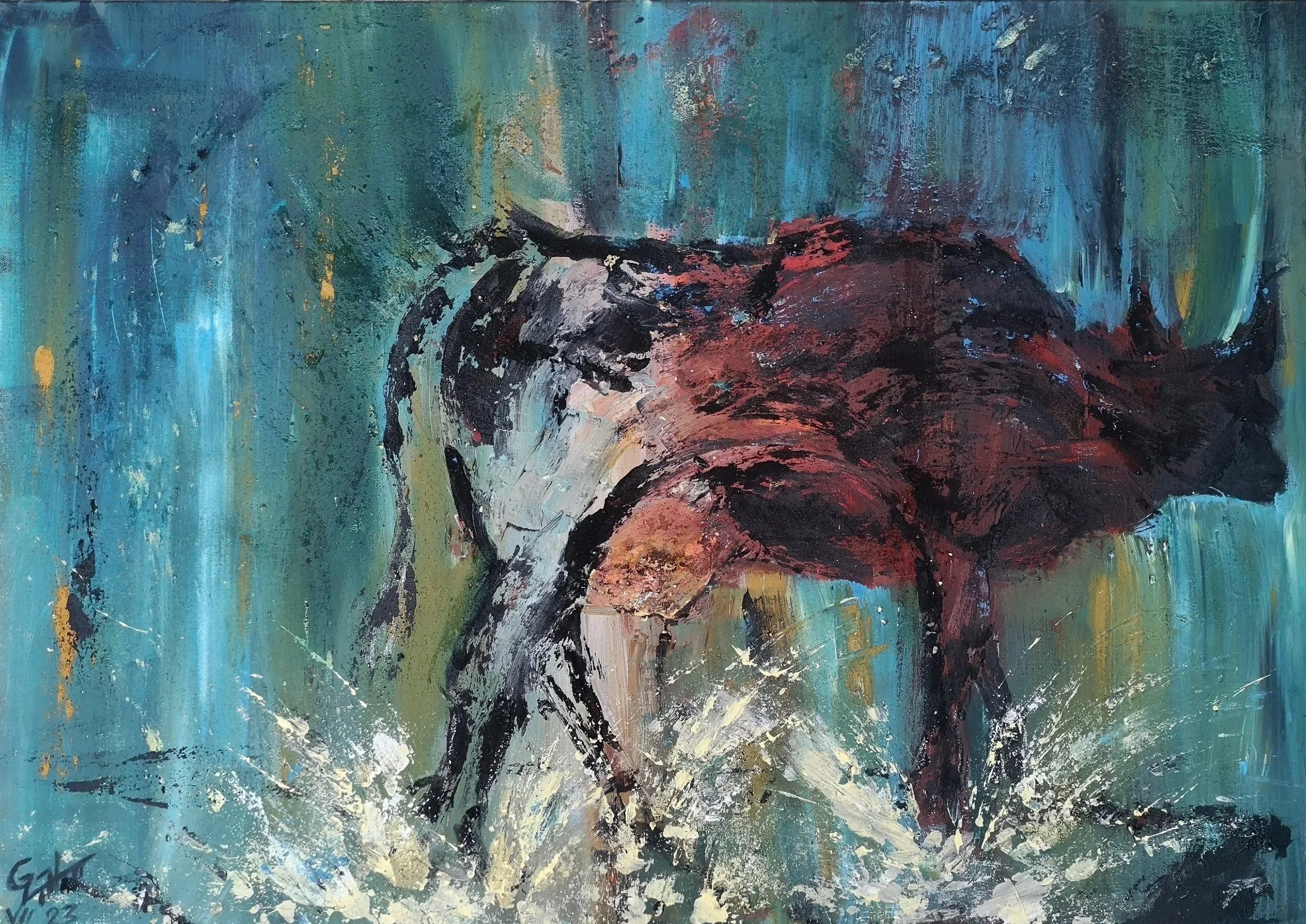 An abstract painting of a dog, likely a black, white, and brown breed, standing in water with a splash below. The background features mostly blue-green hues with textured brushstrokes.