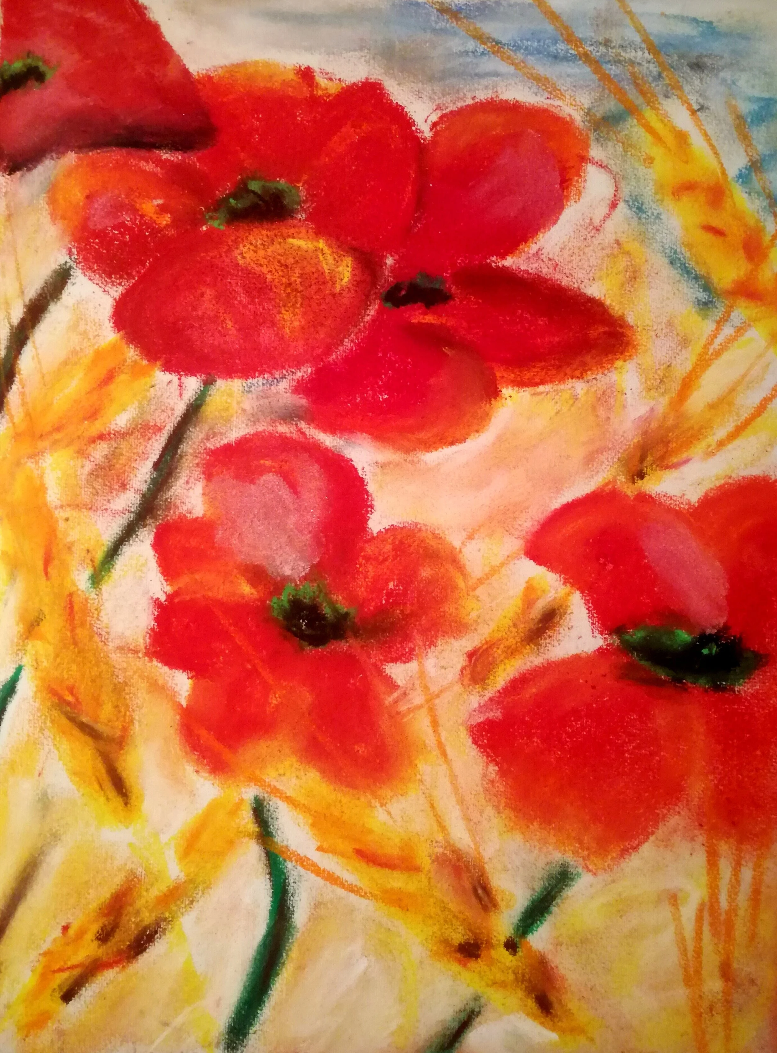 Watercolor painting of red poppy flowers with yellow and orange background streaks.