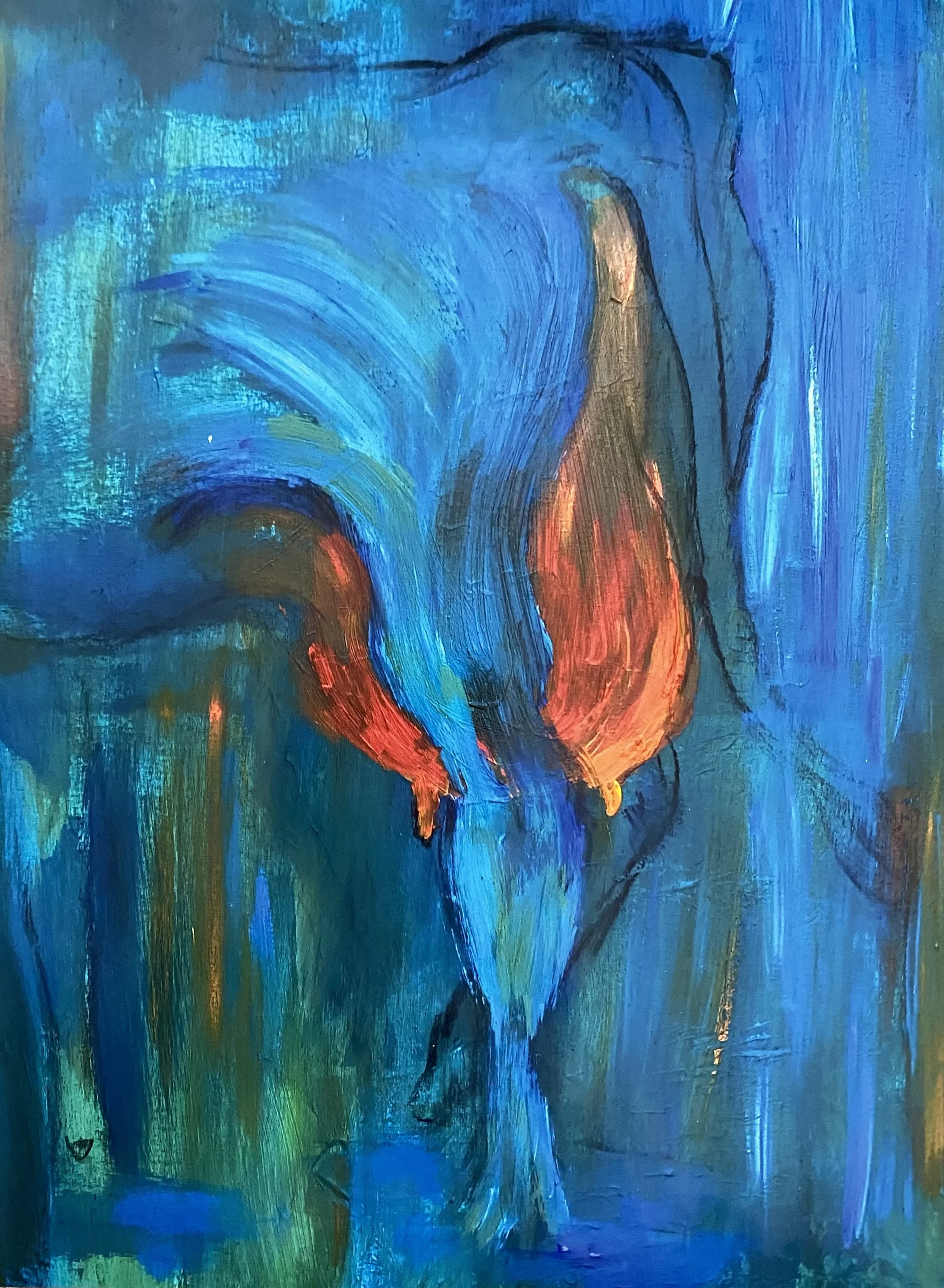 Abstract painting with swirling blue, green, orange, and black brushstrokes.