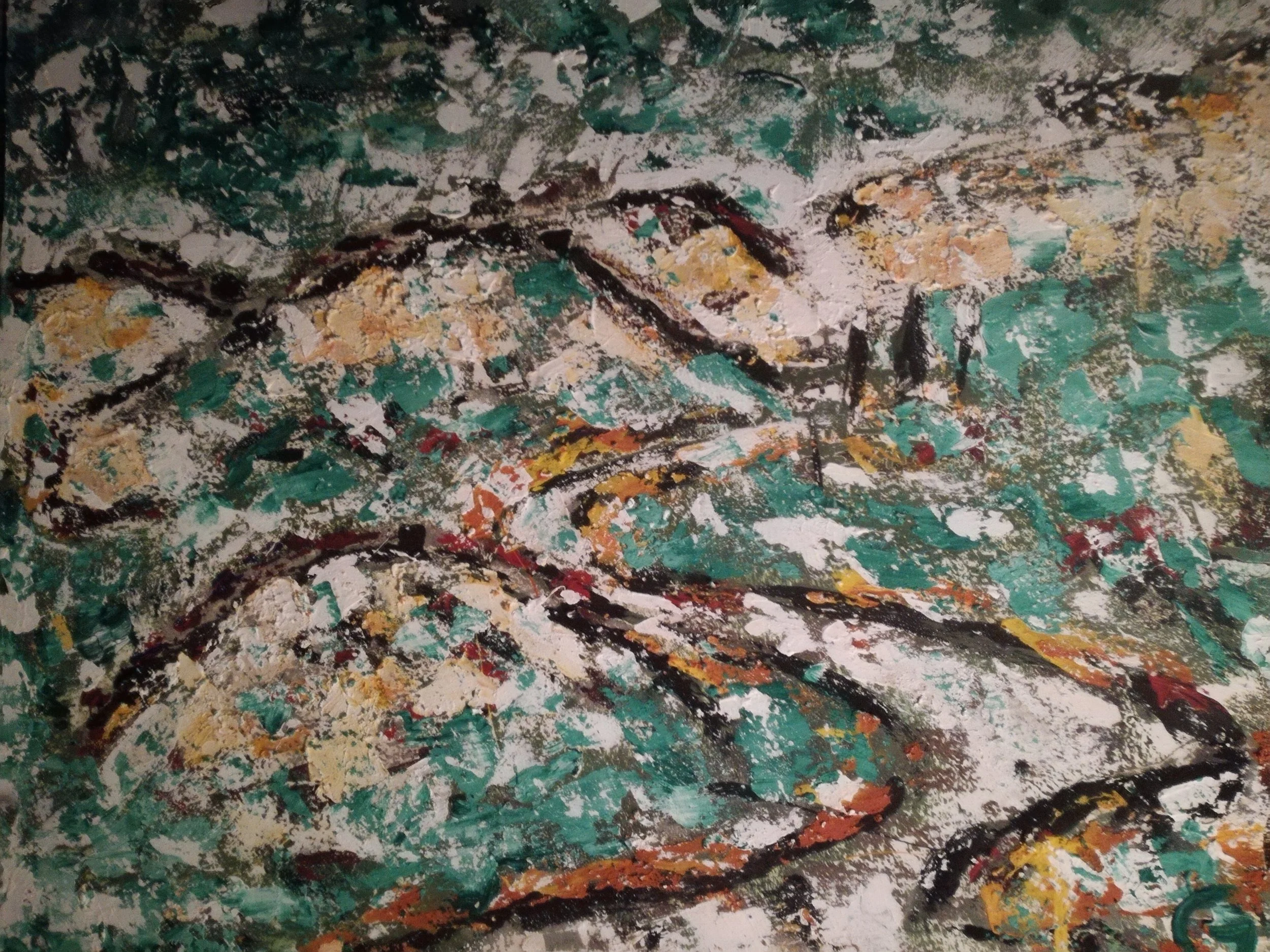 Abstract painting of various colors including green, yellow, white, black, orange, and red, with textured brushstrokes and layered paint creating a dynamic composition.