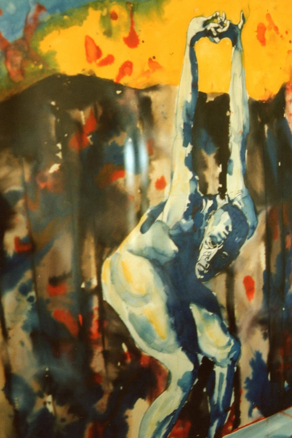 Colorful abstract painting of a person with arms raised and bent at the elbows, with a background of splashes of yellow, red, black, and blue.
