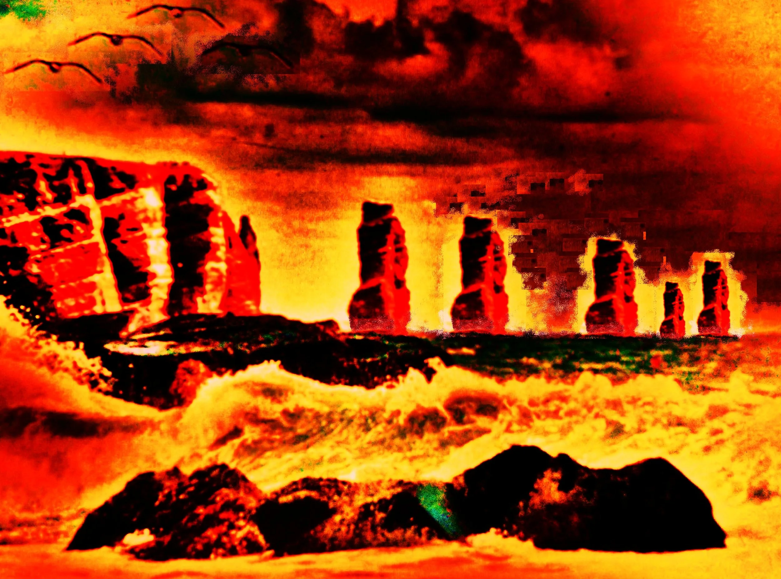 A digitally manipulated image featuring a dramatic red and orange sunset with black clouds and birds flying in the sky. In the foreground, large rocks are visible in turbulent water, creating a striking seascape.