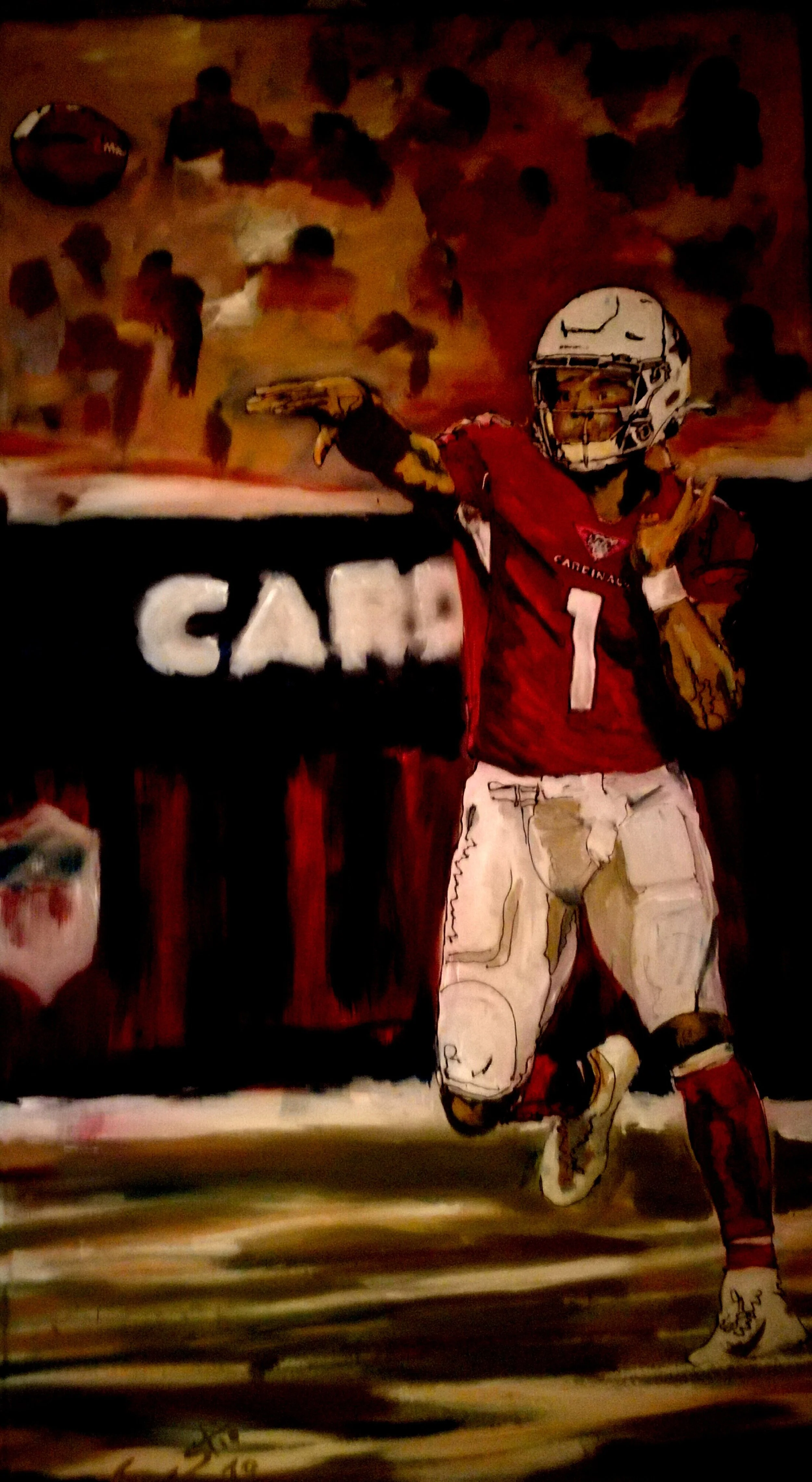 Painting of an American football player wearing a red jersey with the number 1, football helmet, and white pants, running with one arm extended and a football in the other hand, with spectators in the background.