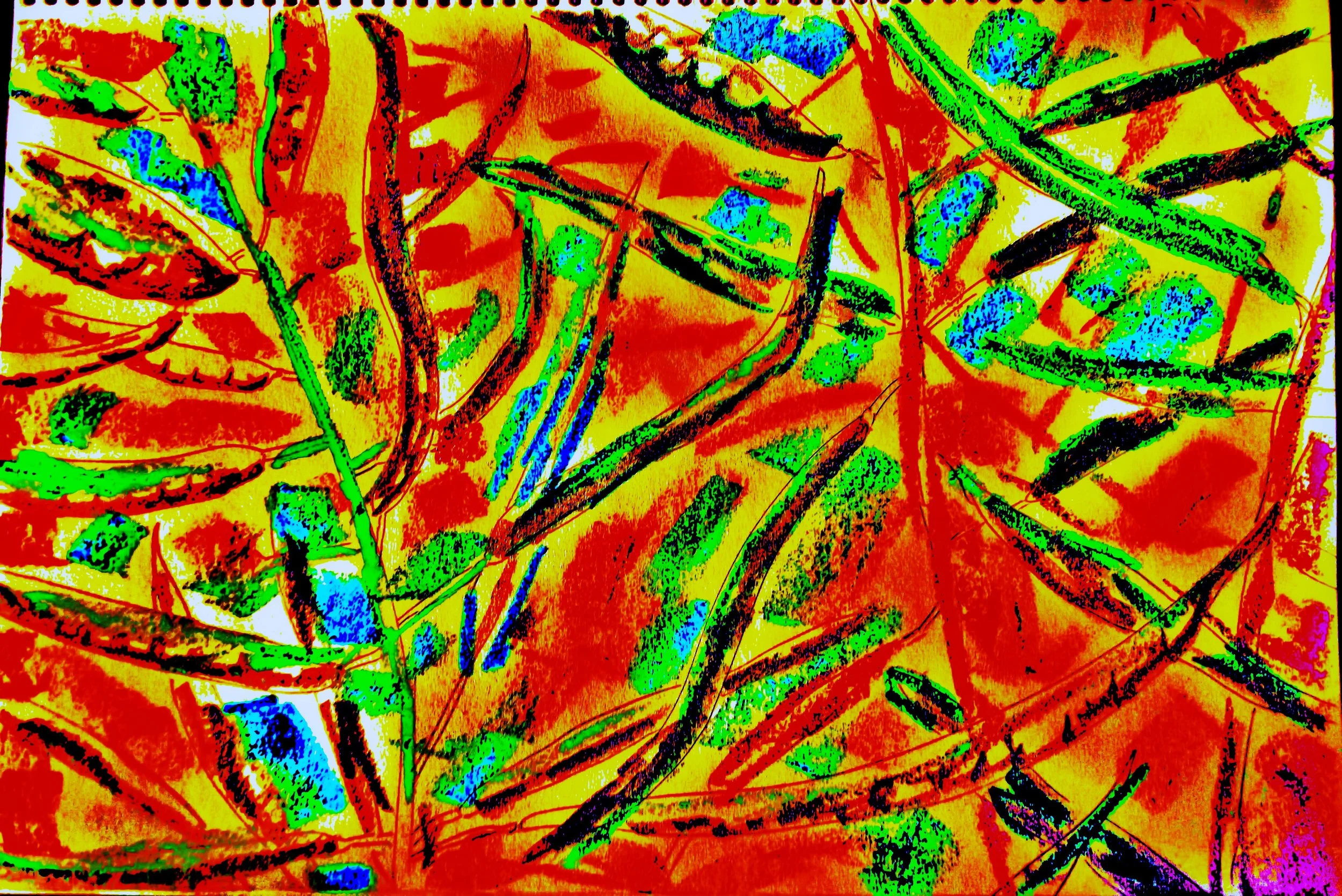 An abstract, high-contrast image of overlapping leaves in bright colors including green, blue, red, yellow, orange, and purple.