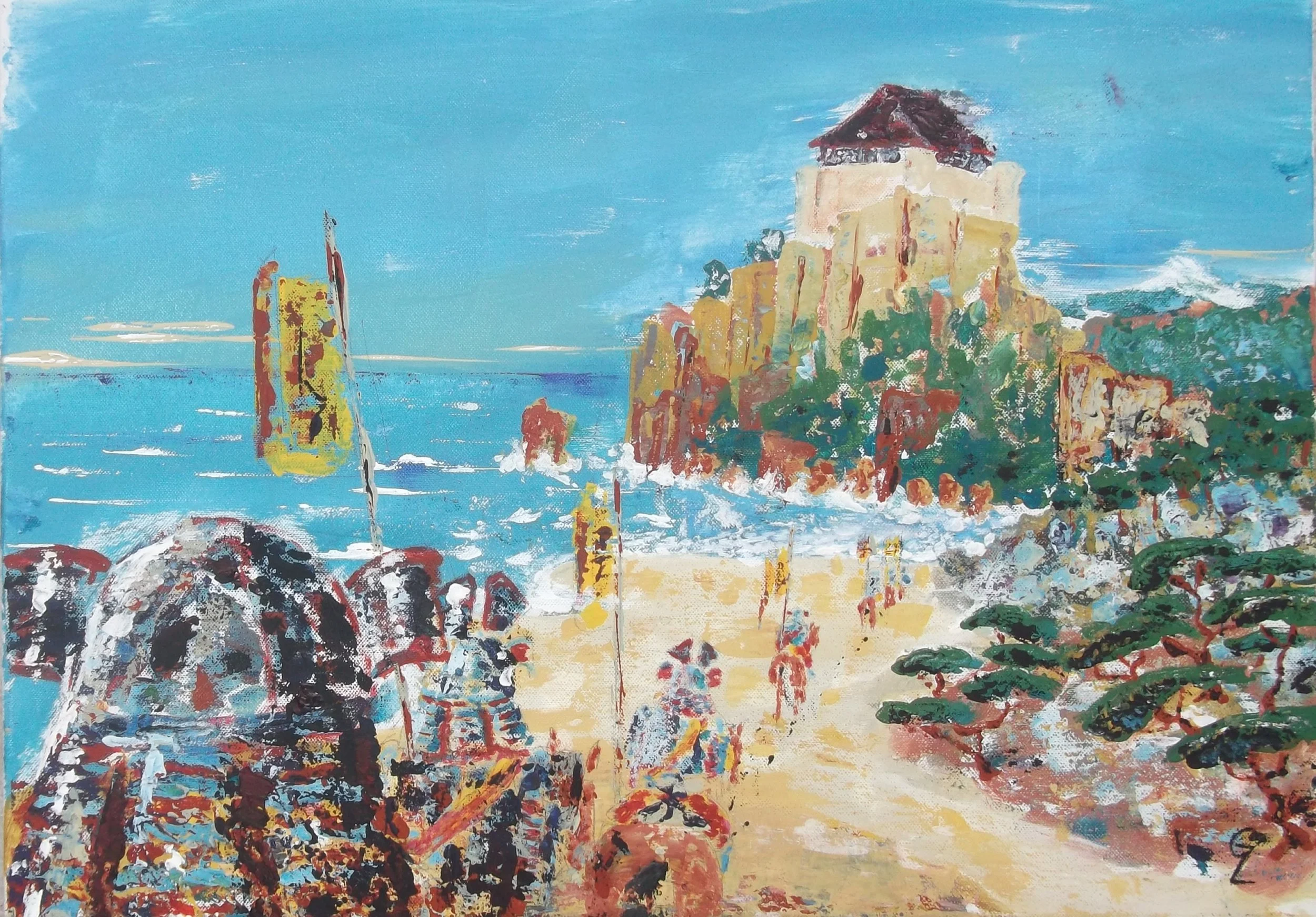An impressionist painting of a coastal scene featuring a sandy beach, colorful umbrellas, rocky cliffs, and buildings on top of the cliffs with waves crashing against them.