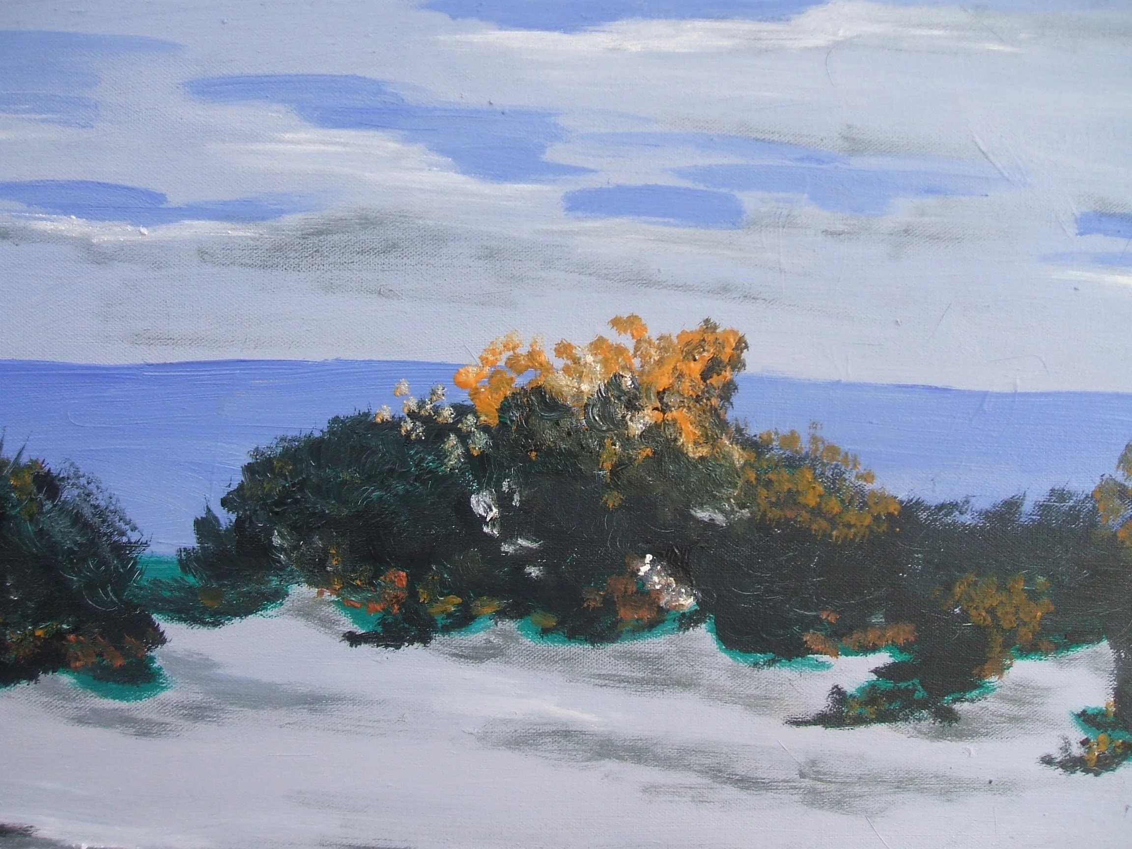 Hand-painted landscape of bushes with orange flowers, a snowy ground, a large body of water, and a cloudy sky.