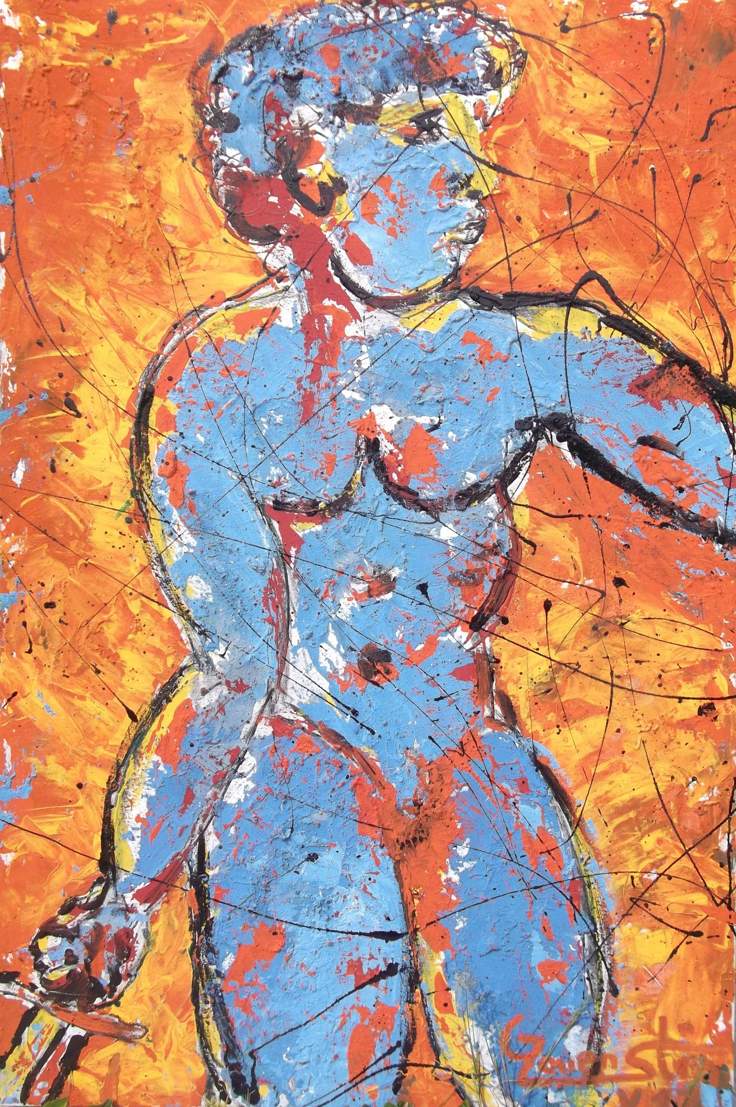 Abstract painting of a female nude figure with blue skin and fiery orange and yellow background, featuring expressive brushstrokes and black outlining.