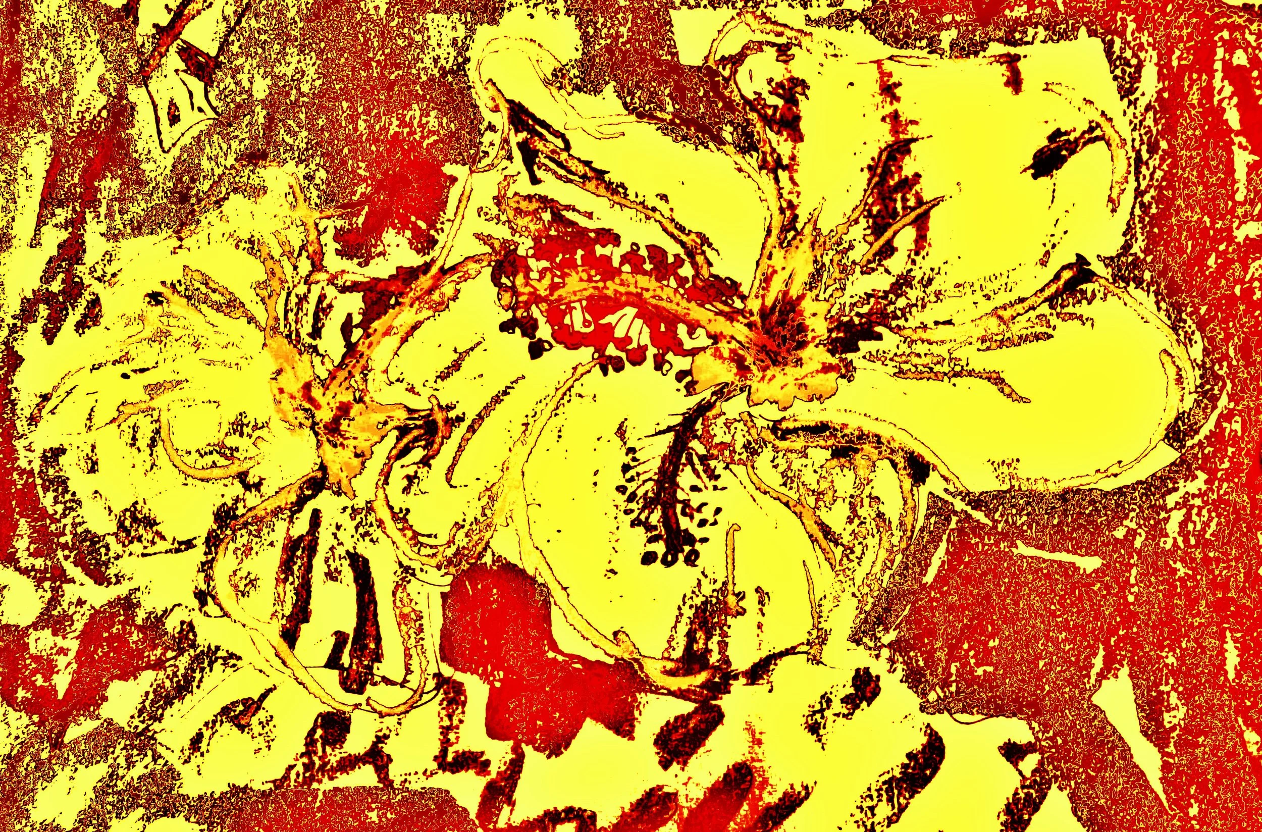 A highly stylized, artistic depiction of a yellow flower with red accents and surrounding foliage.