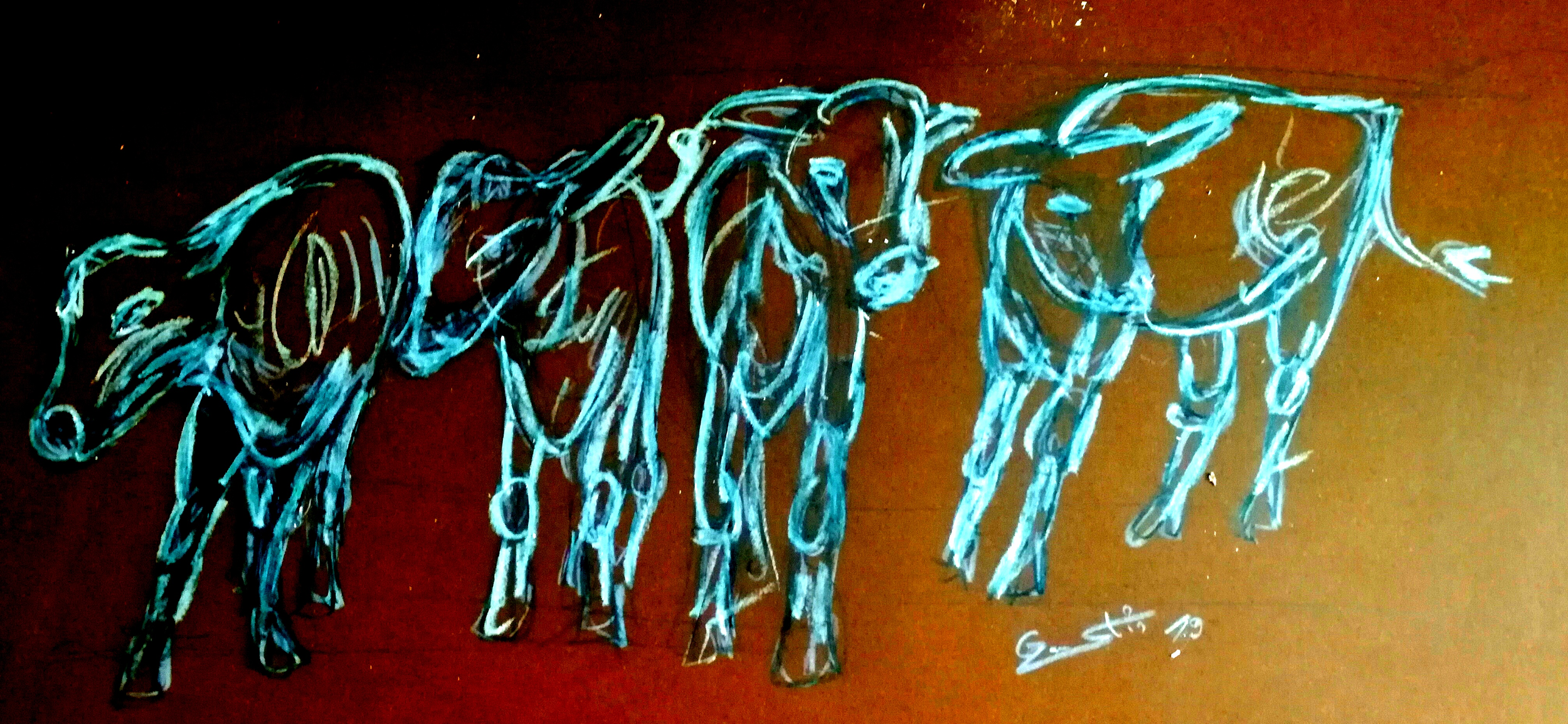 Line drawing of two elephants facing each other on a reddish-brown background, signed by the artist at the bottom right.