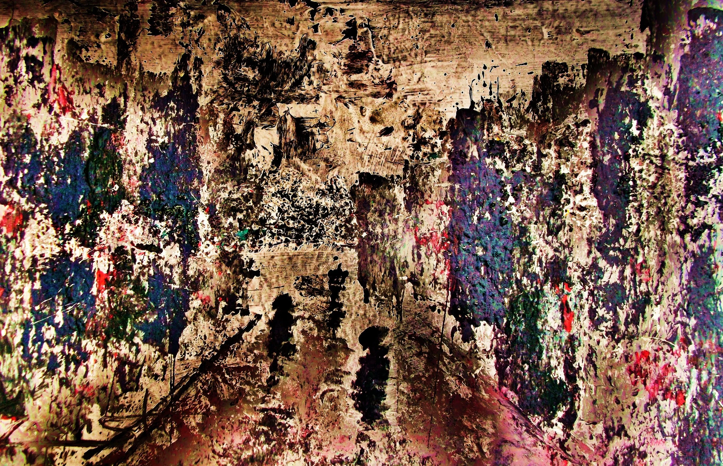 A colorful abstract painting with splashes of black, pink, purple, green, and blue on a textured background.